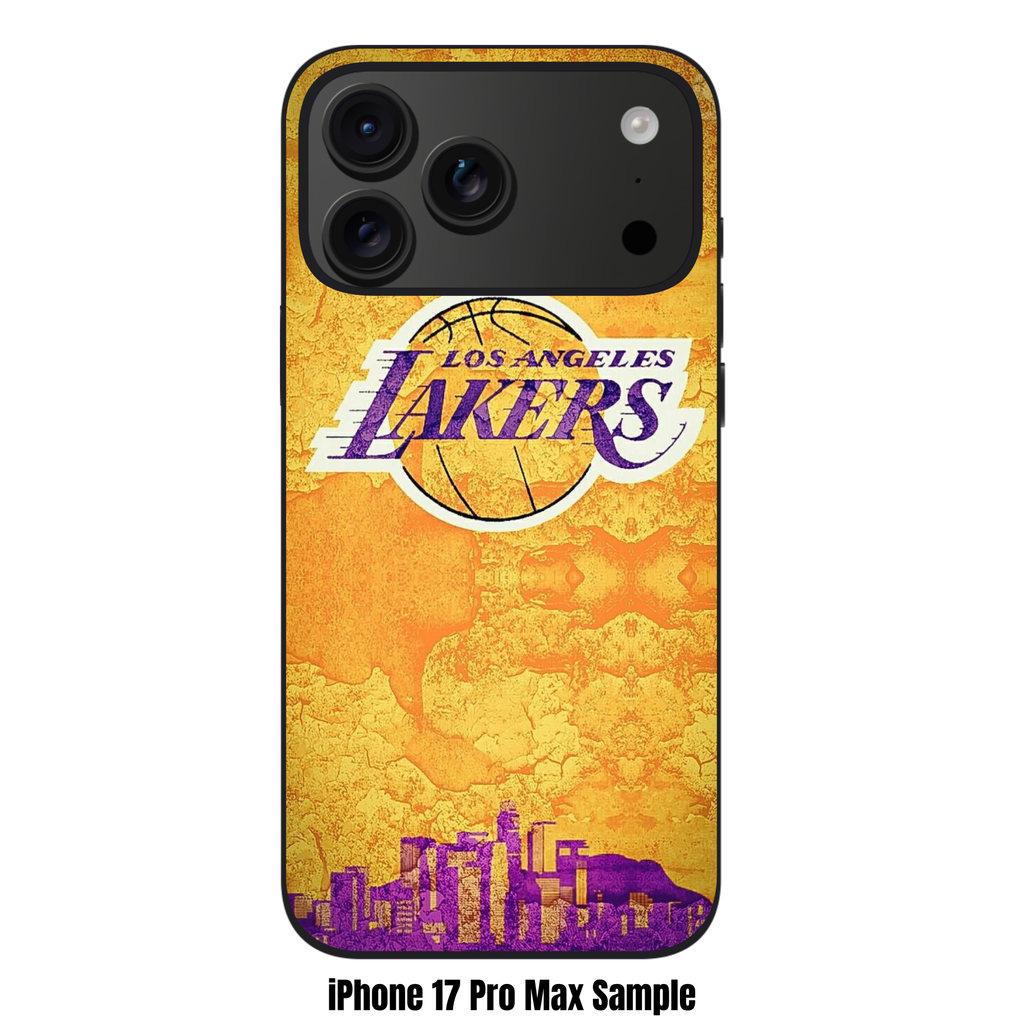 NBA Los Angeles Lakers Phone Case For iPhone Samsung Galaxy Pixel - Los Angeles Lakers Logo And Skyline Silhouette On Gold Background
