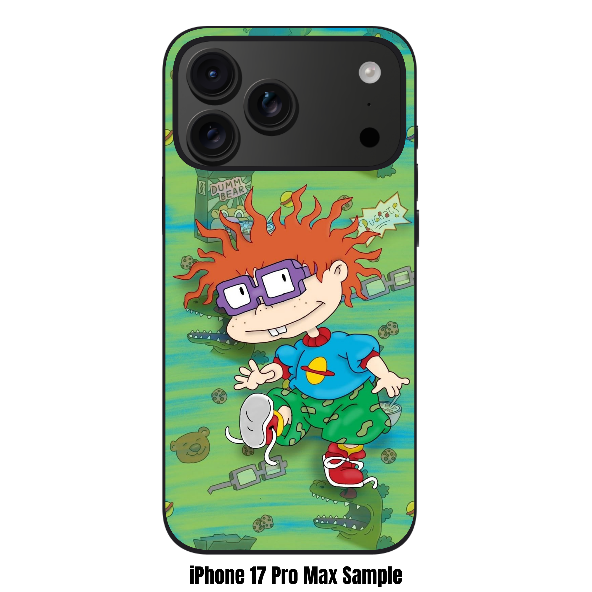 Rugrats Chuckie Phone Case For iPhone Samsung Galaxy Pixel - Chuckie Finster Surrounded By Reptar And Dummy Bears On Green Background