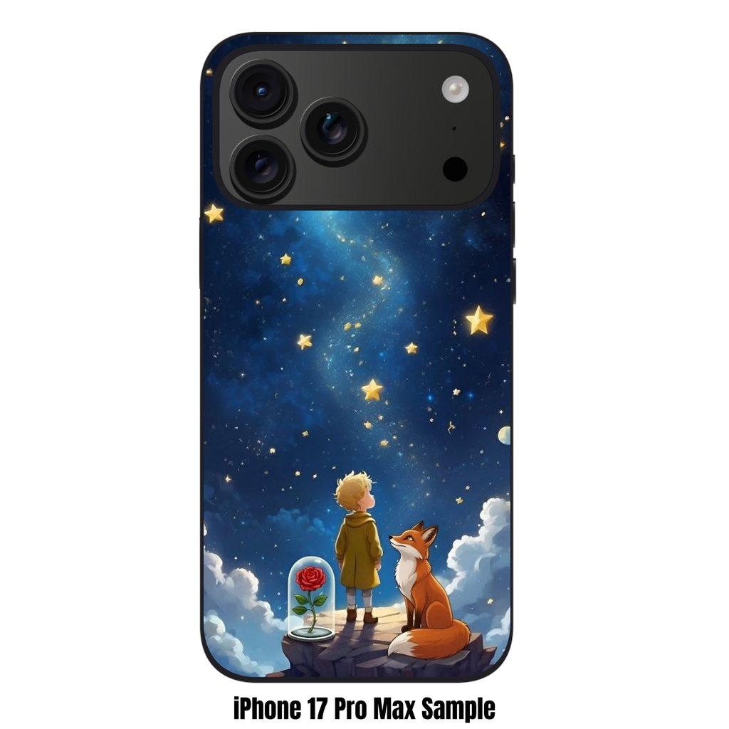 The Little Prince Phone Case For iPhone Samsung Galaxy Pixel - The Little Prince With Fox And Glass Dome Rose Looking Up At Golden Northern Star On Starry Night Background