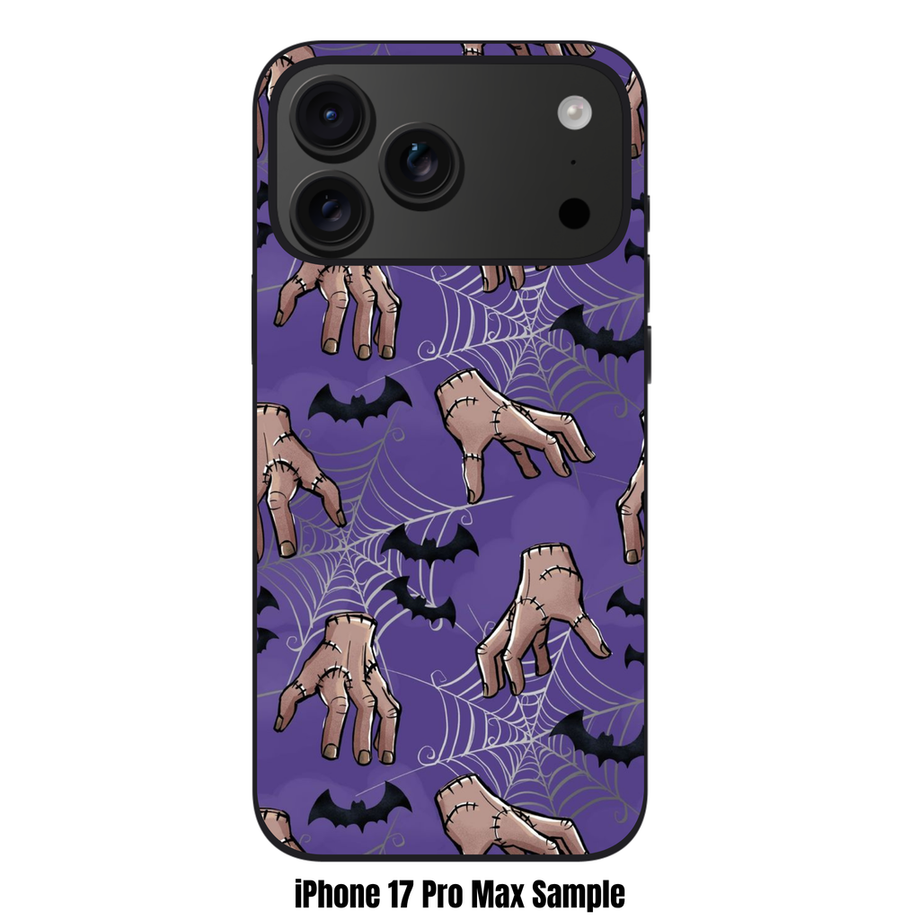 Wednesday Phone Case For iPhone Samsung Galaxy Pixel - Thing Hands And Bats Repeating Pattern On Purple Background