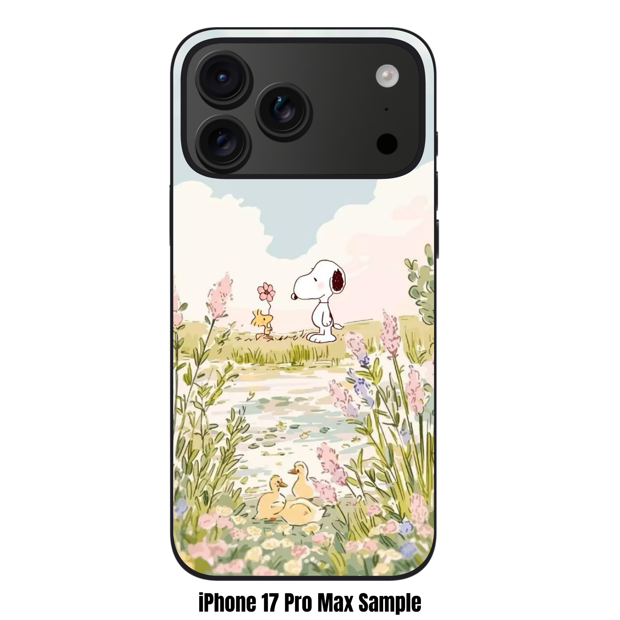 Peanuts Snoopy Phone Case For iPhone Samsung Galaxy Pixel - Peanuts Snoopy And Woodstock Holding Flower By A Pond With Ducks On Pastel Landscape Background