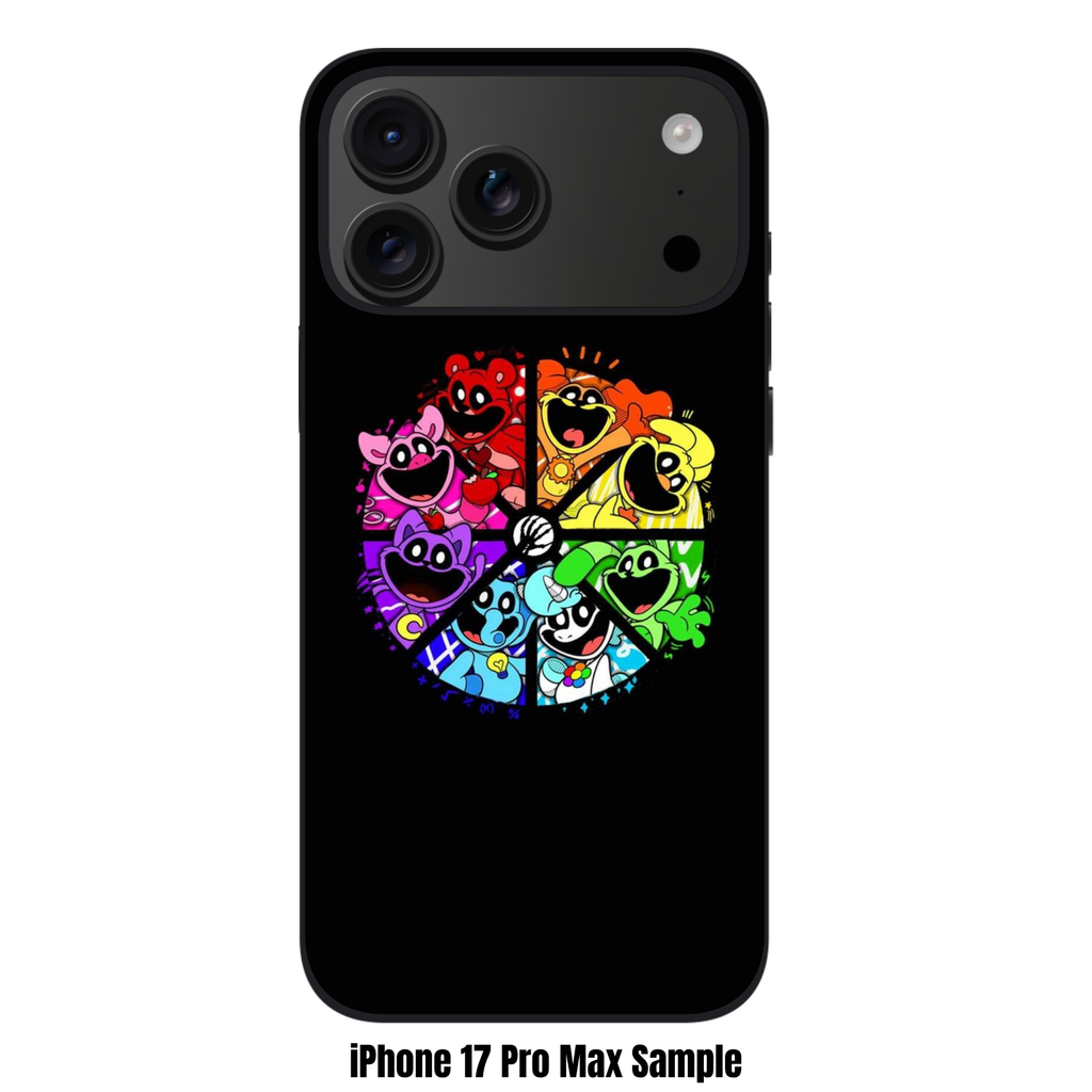 Poppy Playtime Phone Case For iPhone Samsung Galaxy Pixel - Smiling Critters Color Wheel On Black Background