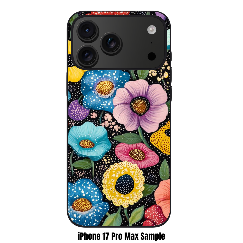 Yayoi Kusama Phone Case For iPhone Samsung Galaxy Pixel - Vibrant Colorful Flowers With Polka Dots On Black Background