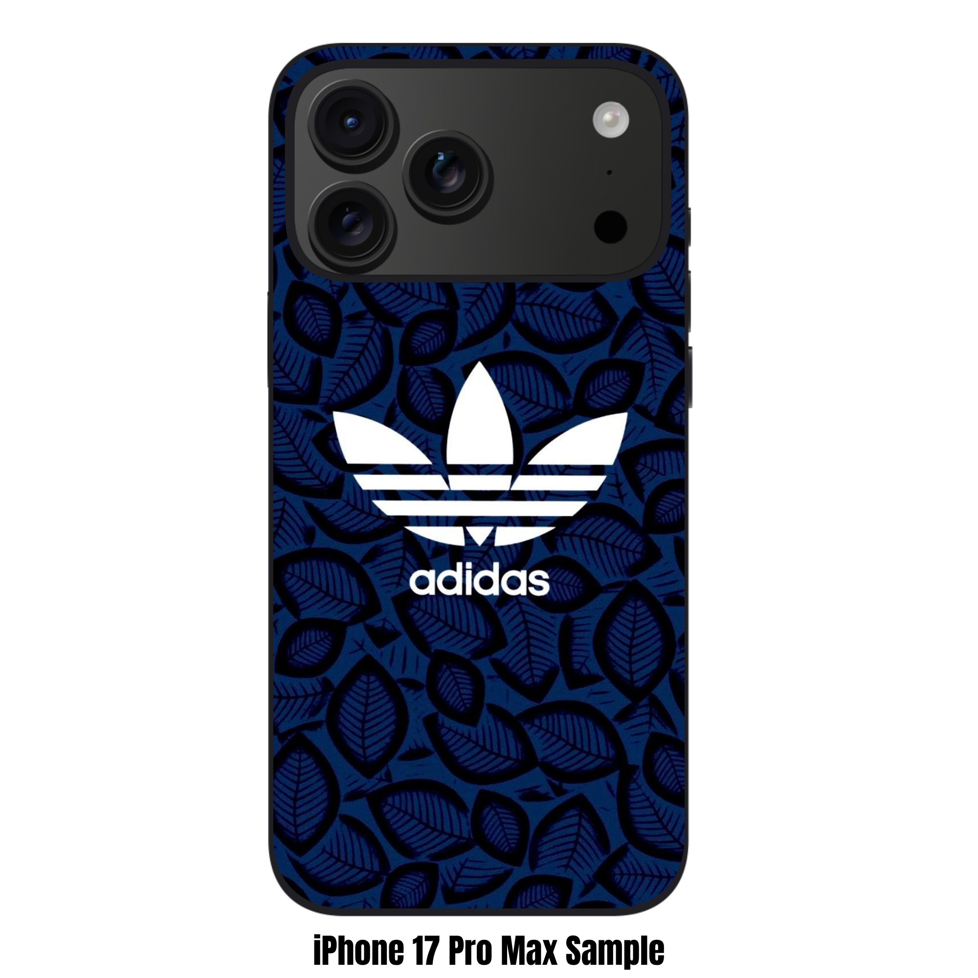 Adidas Phone Case For iPhone Samsung Galaxy Pixel - Adidas Trefoil Logo On Navy Blue Leaf Patterned Background
