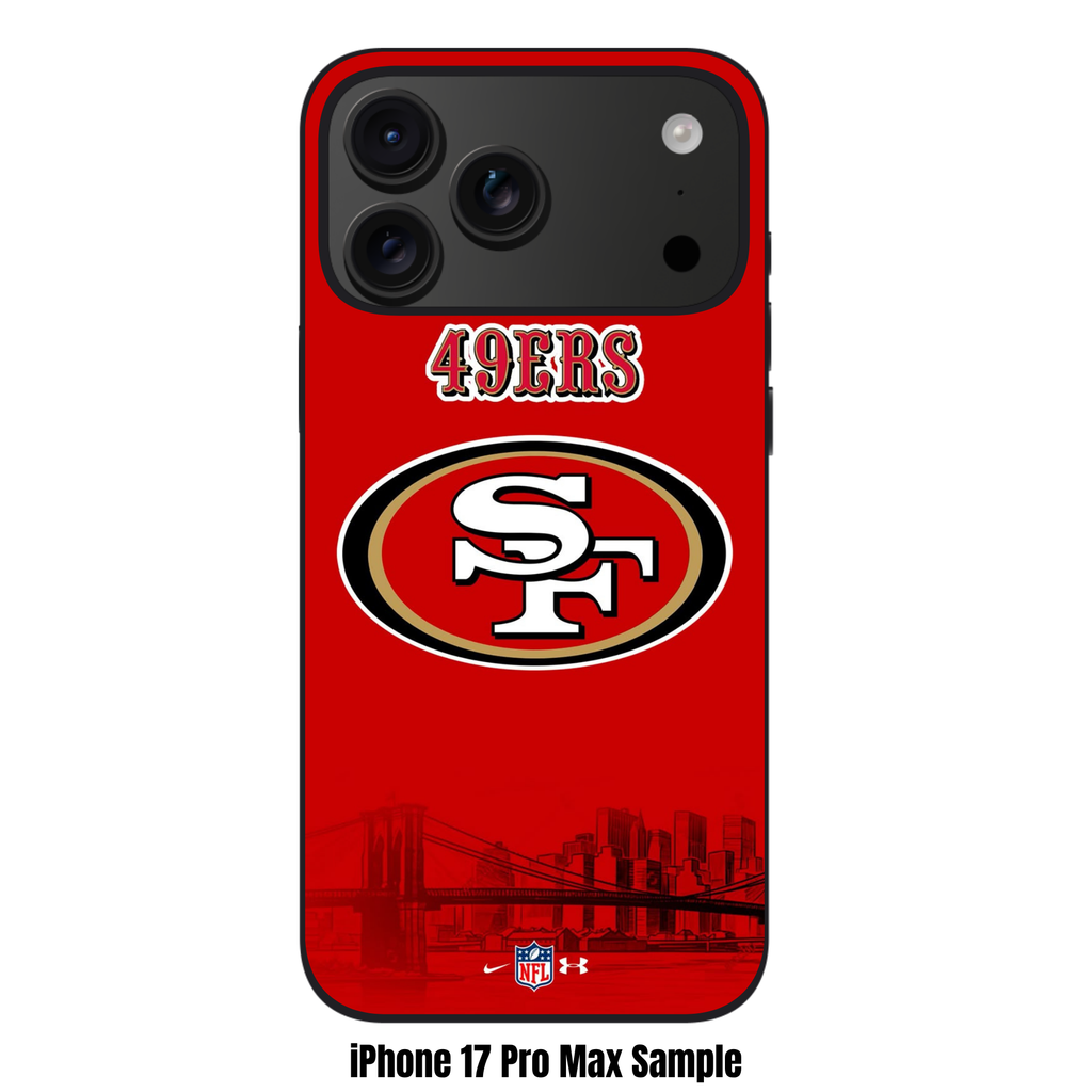 NFL San Francisco 49ers Phone Case For iPhone Samsung Galaxy Pixel - San Francisco 49ers Logo And Cityscape On Red Background With NFL Nike And Under Armour Logos