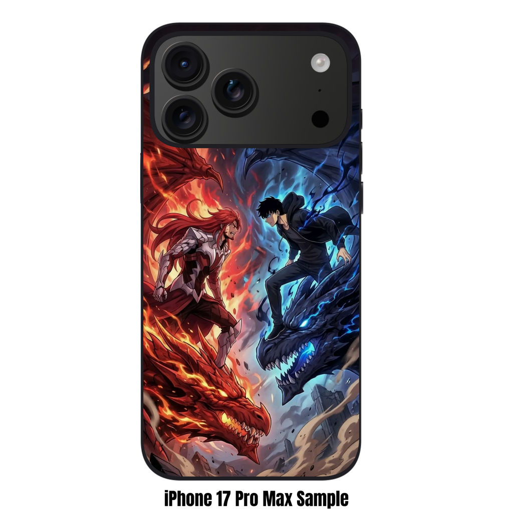 Solo Leveling Phone Case For iPhone Samsung Galaxy Pixel - Sung Jin woo And Antares Standing On Dragons Under A Red And Blue Sky Background