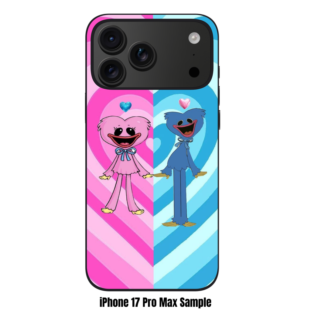 Poppy Playtime Phone Case For iPhone Samsung Galaxy Pixel - Huggy Wuggy And Kissy Missy On Pink And Blue Heart Background
