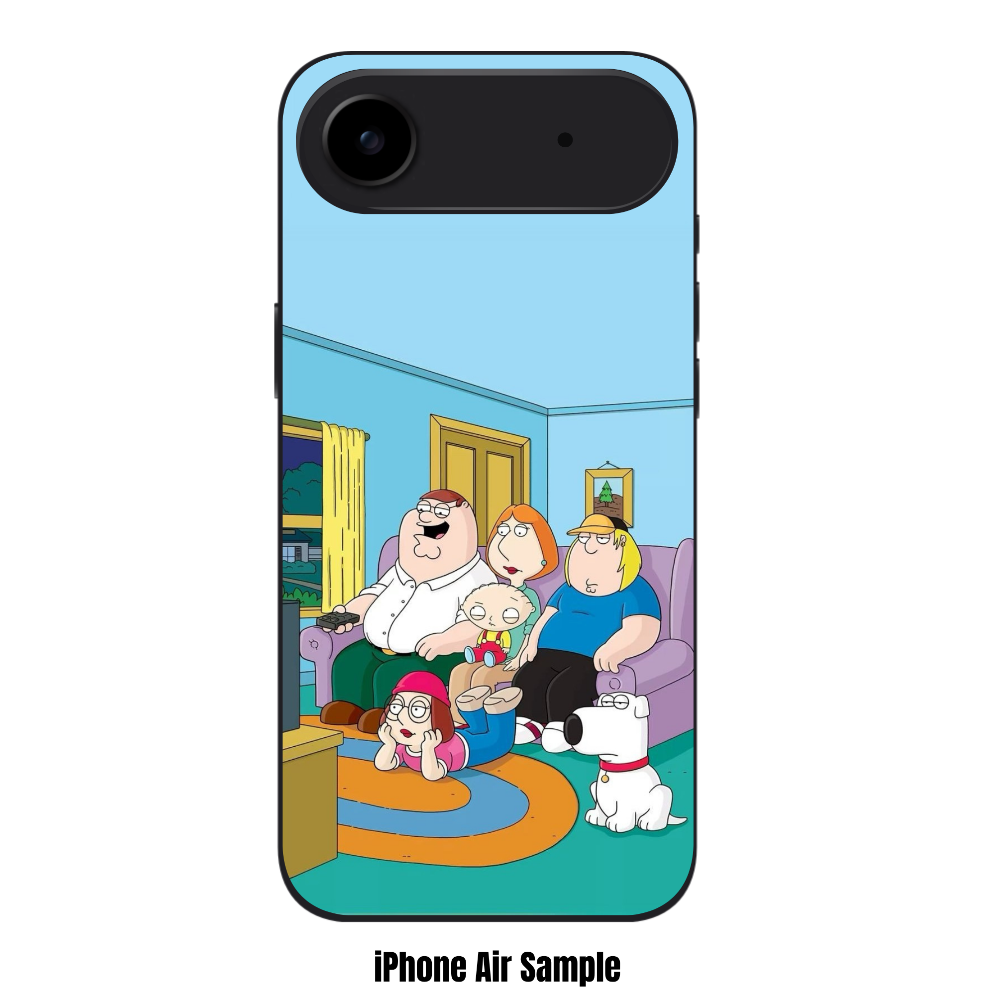 Family Guy Phone Case For iPhone Samsung Galaxy Pixel - Family Guy Characters On Purple Sofa In Living Room On Blue Background