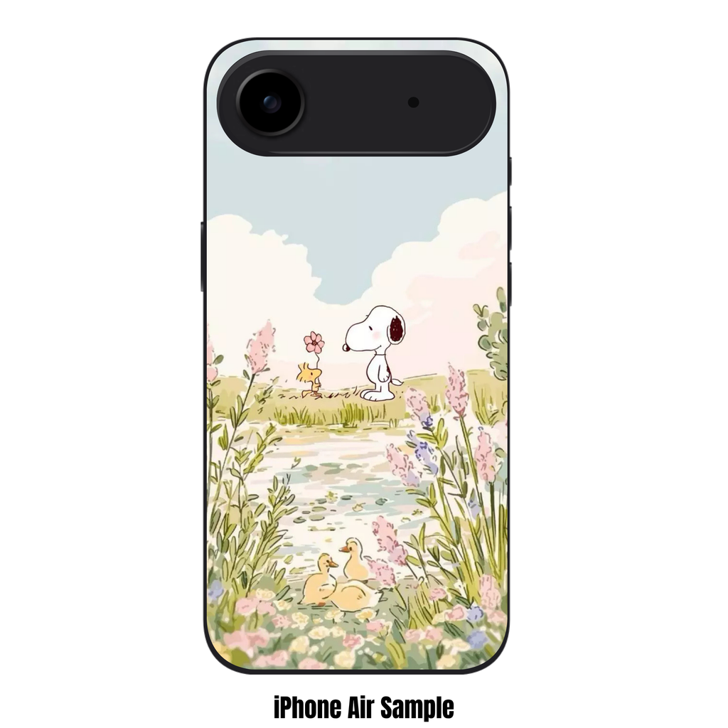 Peanuts Snoopy Phone Case For iPhone Samsung Galaxy Pixel - Peanuts Snoopy And Woodstock Holding Flower By A Pond With Ducks On Pastel Landscape Background