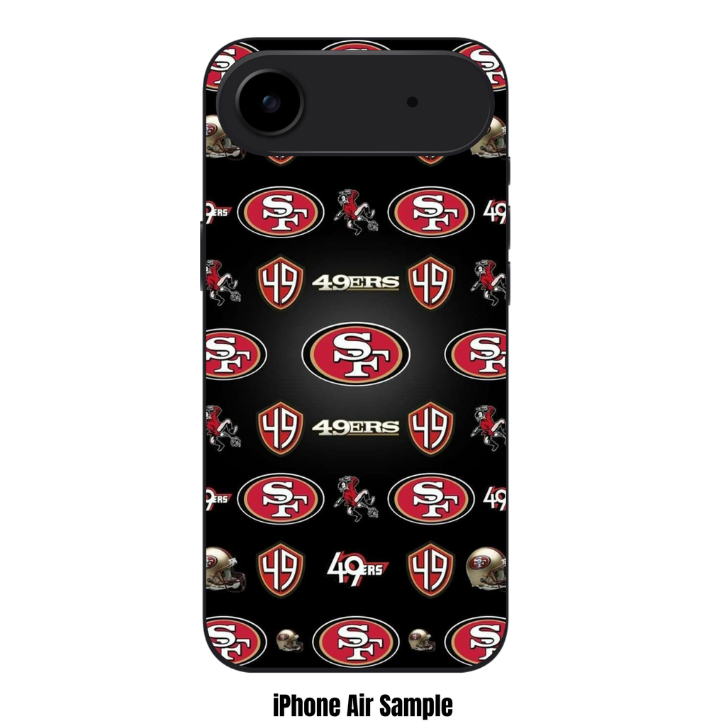 NFL San Francisco 49ers Phone Case For iPhone Samsung Galaxy Pixel - San Francisco 49ers Logos And Helmets Repeating Pattern On Black Background