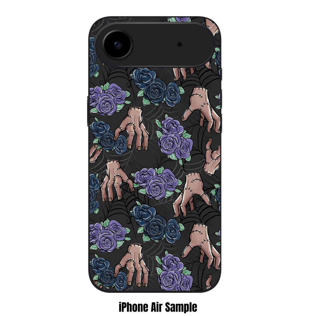 Wednesday Phone Case For iPhone Samsung Galaxy Pixel - Thing Hands And Purple Roses Pattern On Black Background