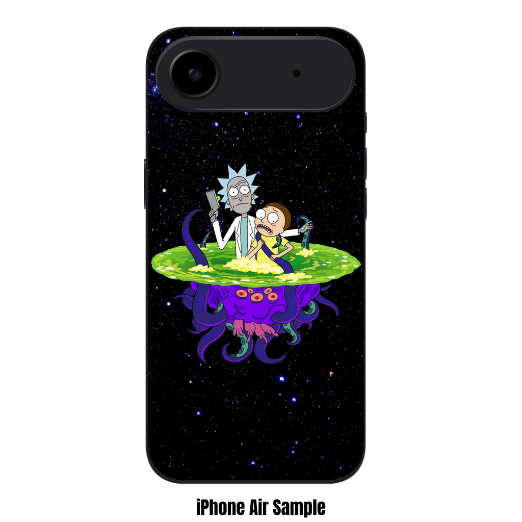 Rick And Morty Phone Case For iPhone Samsung Galaxy Pixel - Rick And Morty Emerging From A Green Portal On Top Of A Purple Monster On Starry Space Background