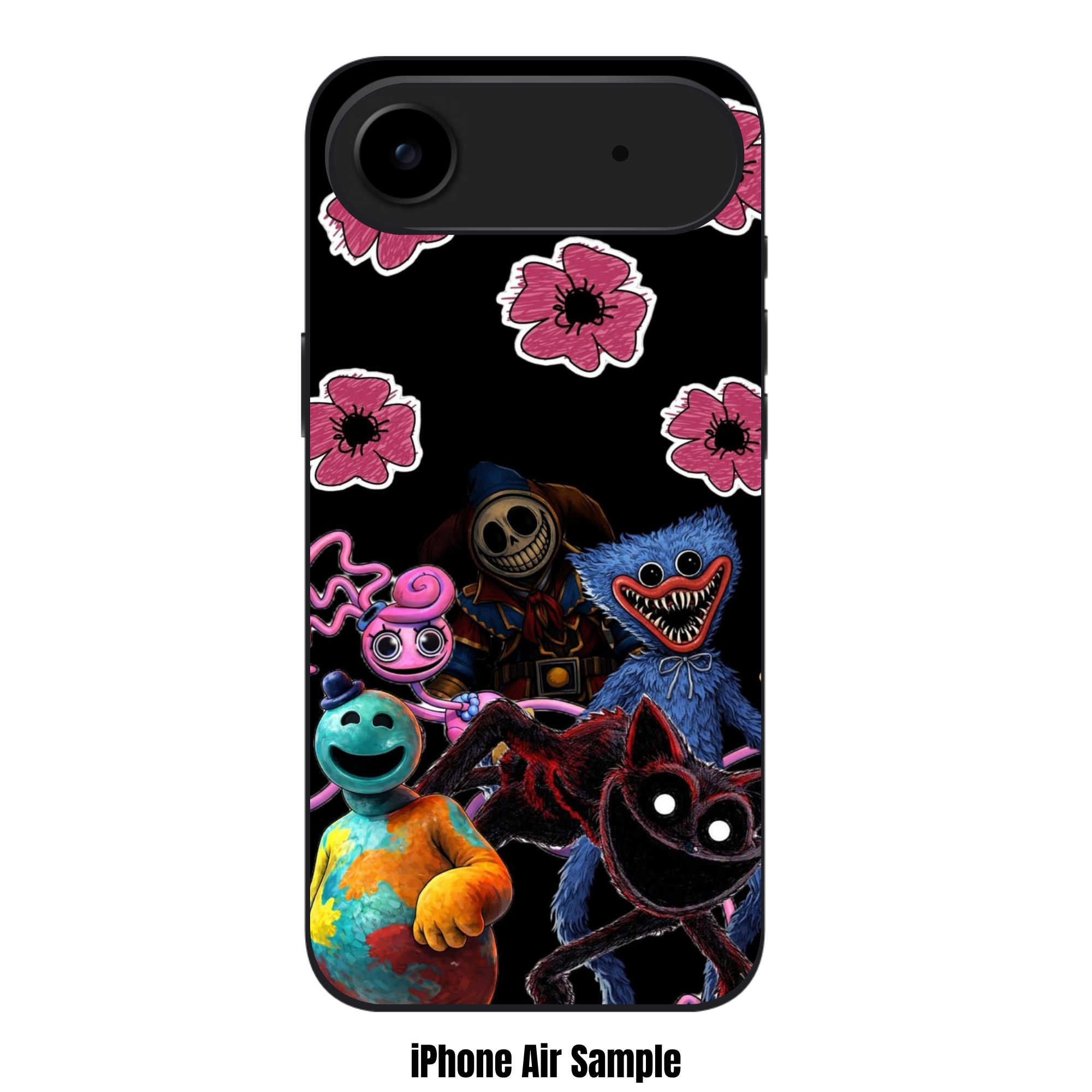 Poppy Playtime Phone Case For iPhone Samsung Galaxy Pixel - Poppy Playtime Main Antagonists And Pink Flowers On Black Background