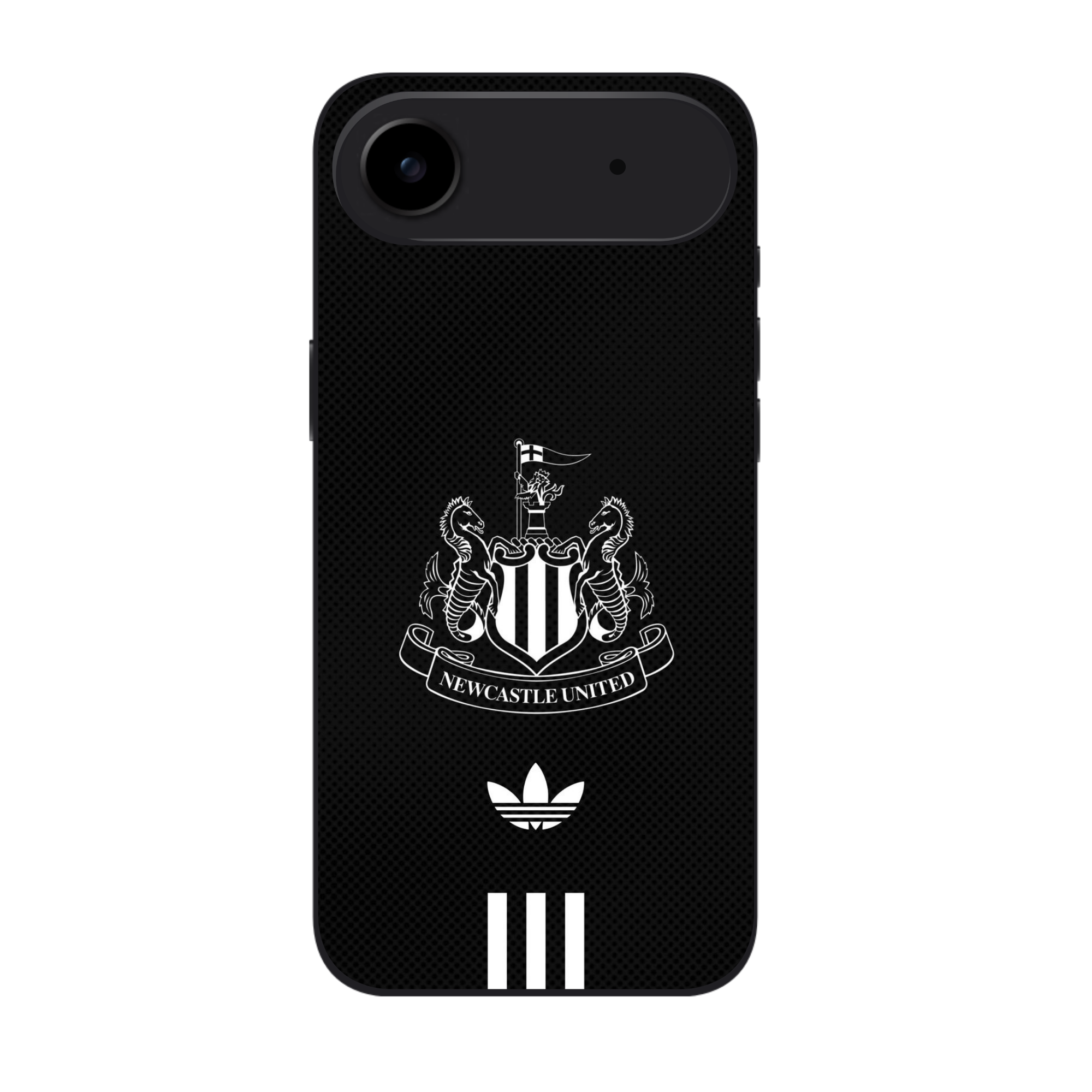 Newcastle United FC Phone Case For iPhone Samsung Galaxy Pixel - Newcastle United FC Crest And Adidas Trefoil Logo On Black Textured Background