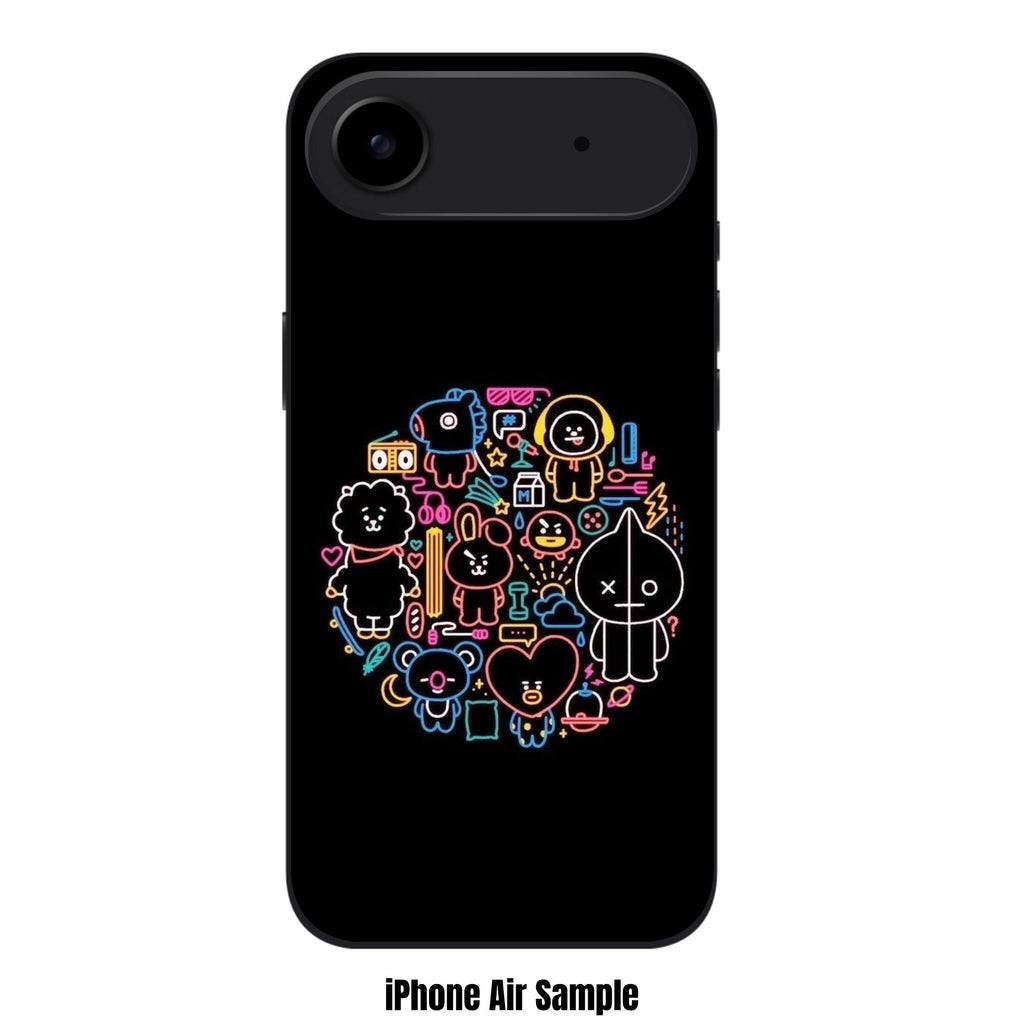 BTS Phone Case For iPhone Samsung Galaxy Pixel - BT21 Neon Outline Doodle Pattern On Black Background