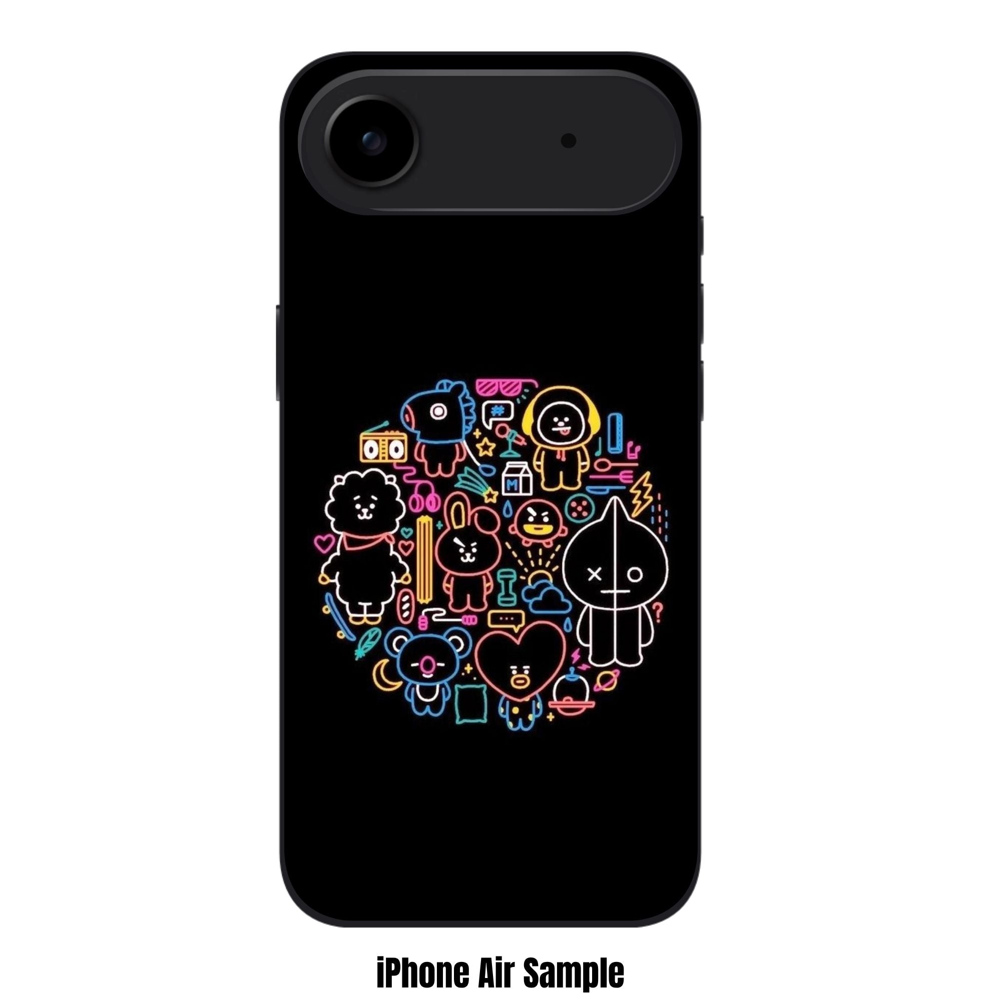 BTS Phone Case For iPhone Samsung Galaxy Pixel - BT21 Neon Outline Doodle Pattern On Black Background