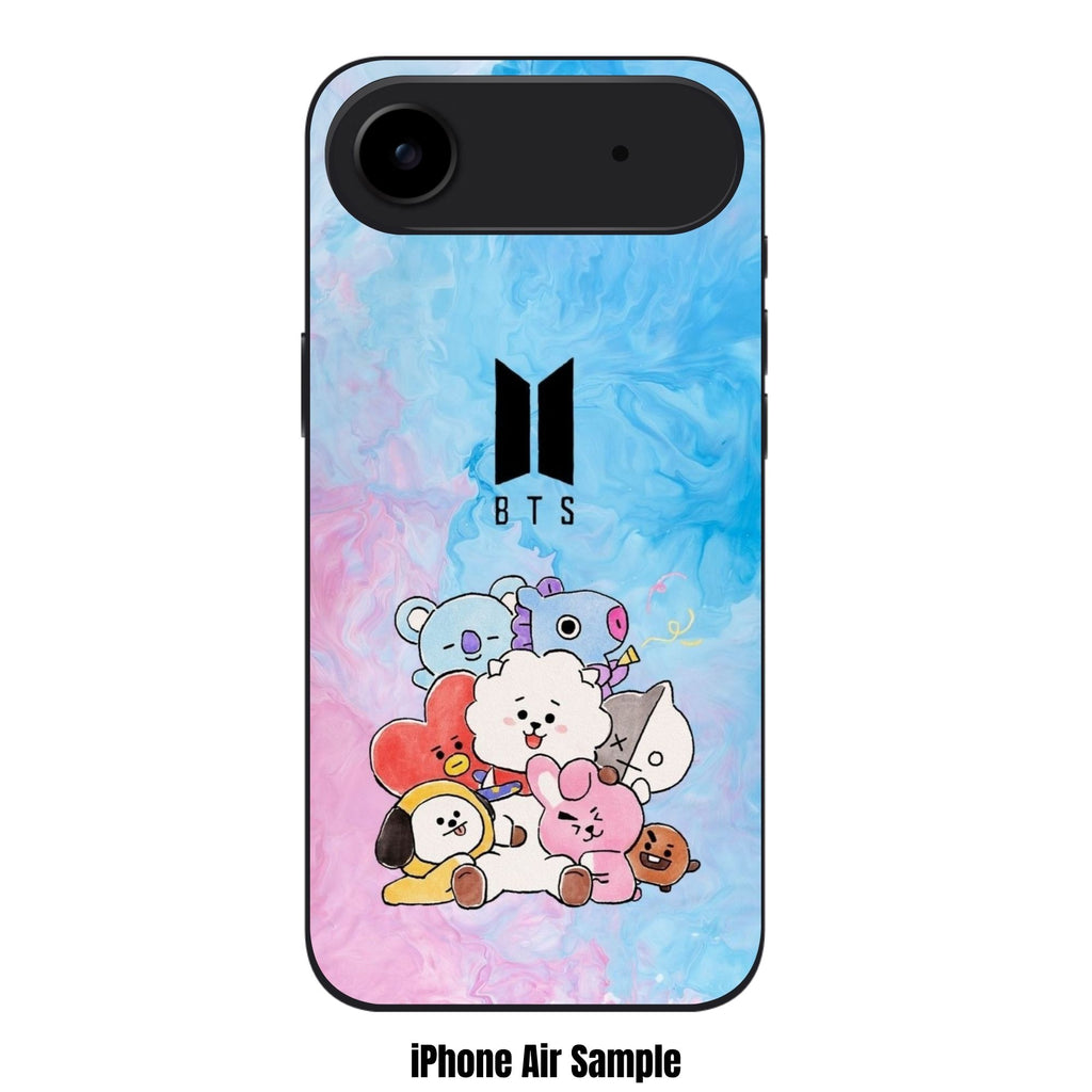 BTS Phone Case For iPhone Samsung Galaxy Pixel - BTS Logo And BT21 Characters On Blue Pink Fluid Art Background