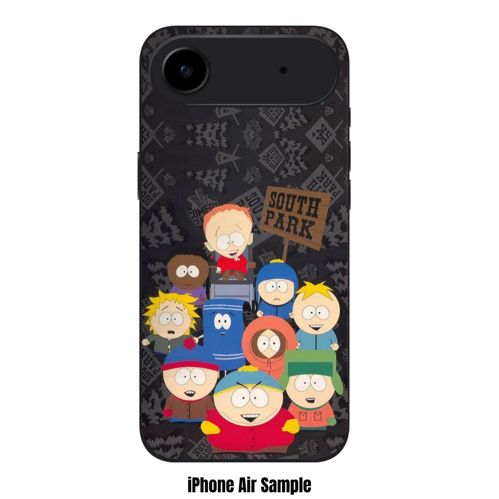 South Park Phone Case For iPhone Samsung Galaxy Pixel - South Park Characters On Charcoal Gray Monogram Pattern Background