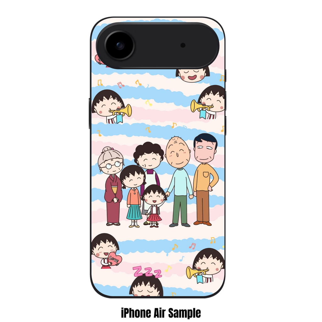 Chibi Maruko Chan Phone Case For iPhone Samsung Galaxy Pixel - Chibi Maruko Chan Full Family Portrait On Blue And Pink Striped Background