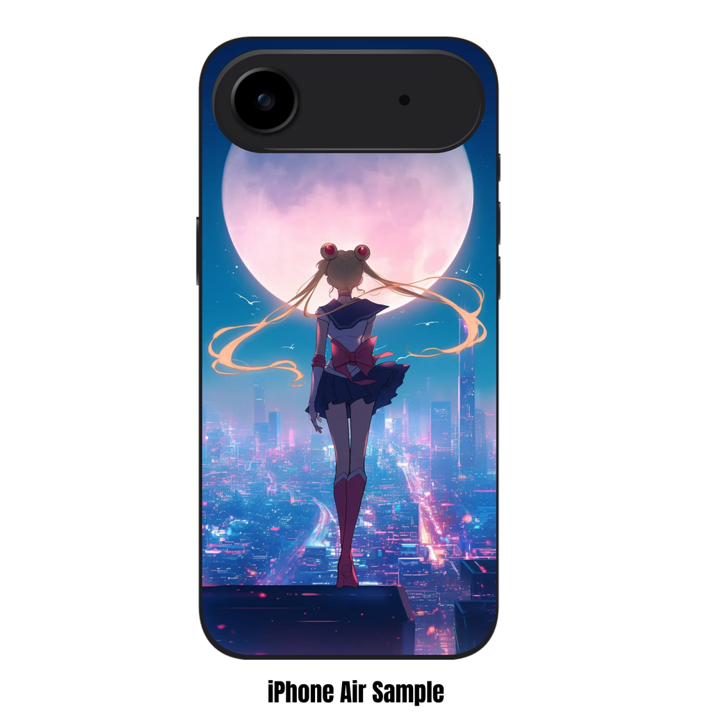 Sailor Moon Phone Case For iPhone Samsung Galaxy Pixel - Sailor Moon Back View On Luminous Pink Moon And Futuristic Cyberpunk Cityscape Background