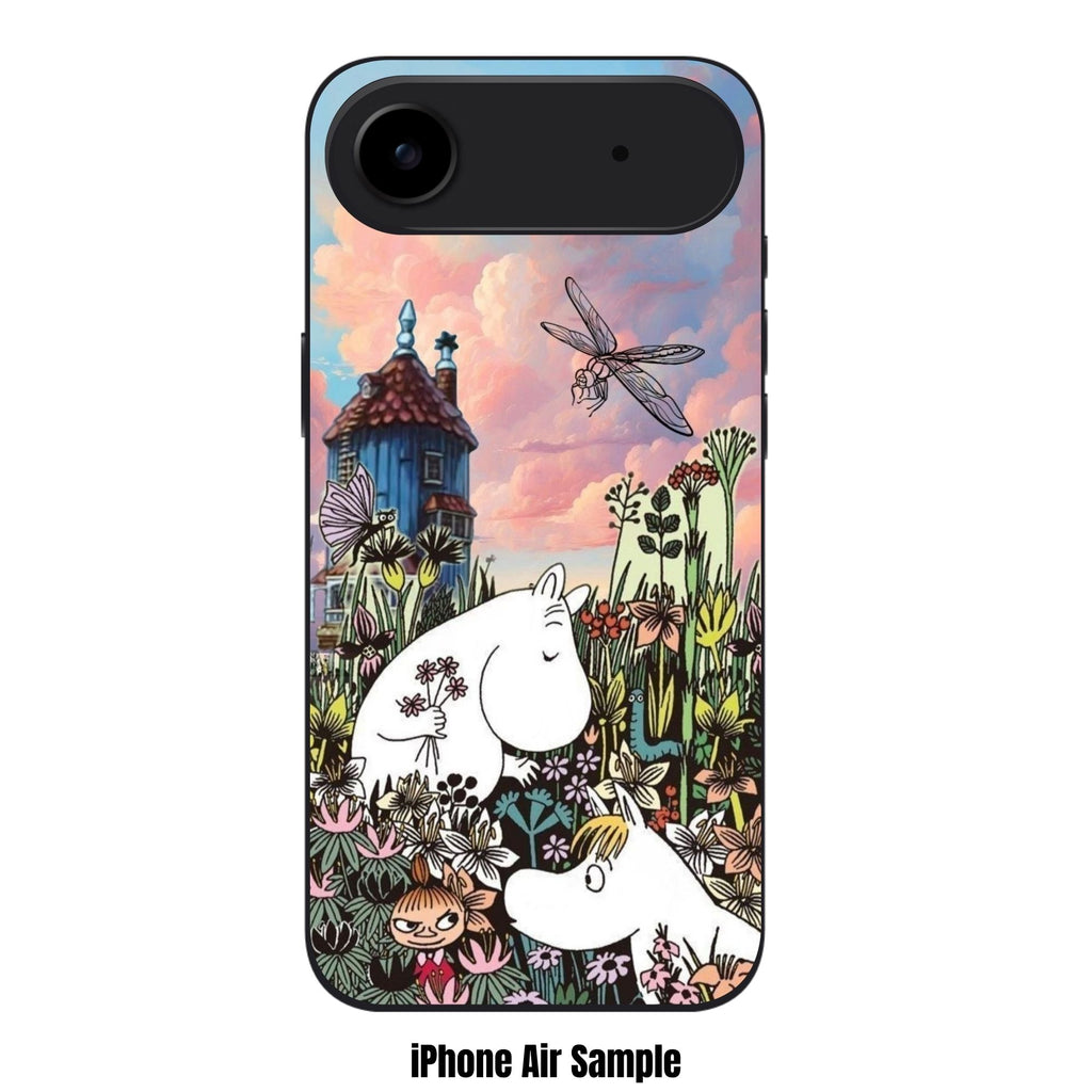 Moomins Phone Case For iPhone Samsung Galaxy Pixel - Moomin Characters In The Flower Garden Under Twilight Sky