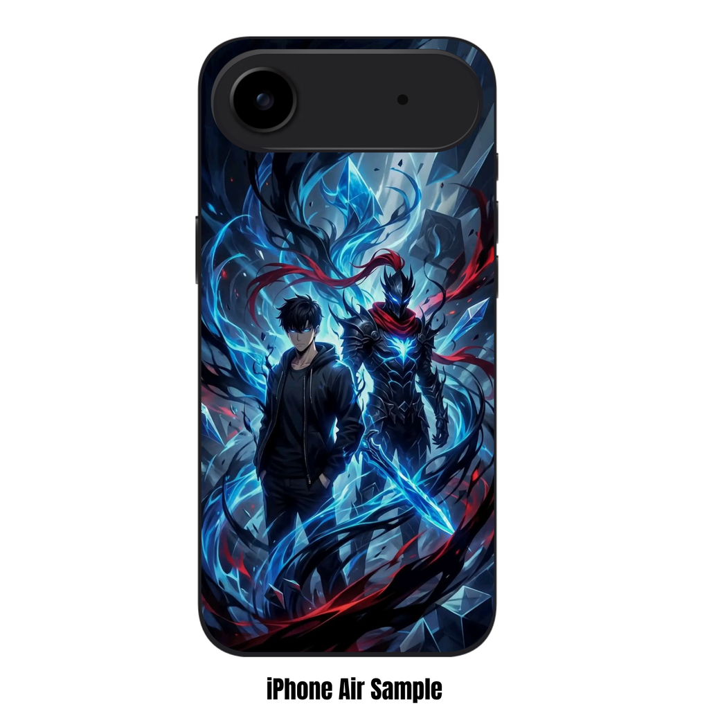 Solo Leveling Phone Case For iPhone Samsung Galaxy Pixel - Sung Jin woo And Igris Standing Together In Front Of Blue Crystals On Dark Background