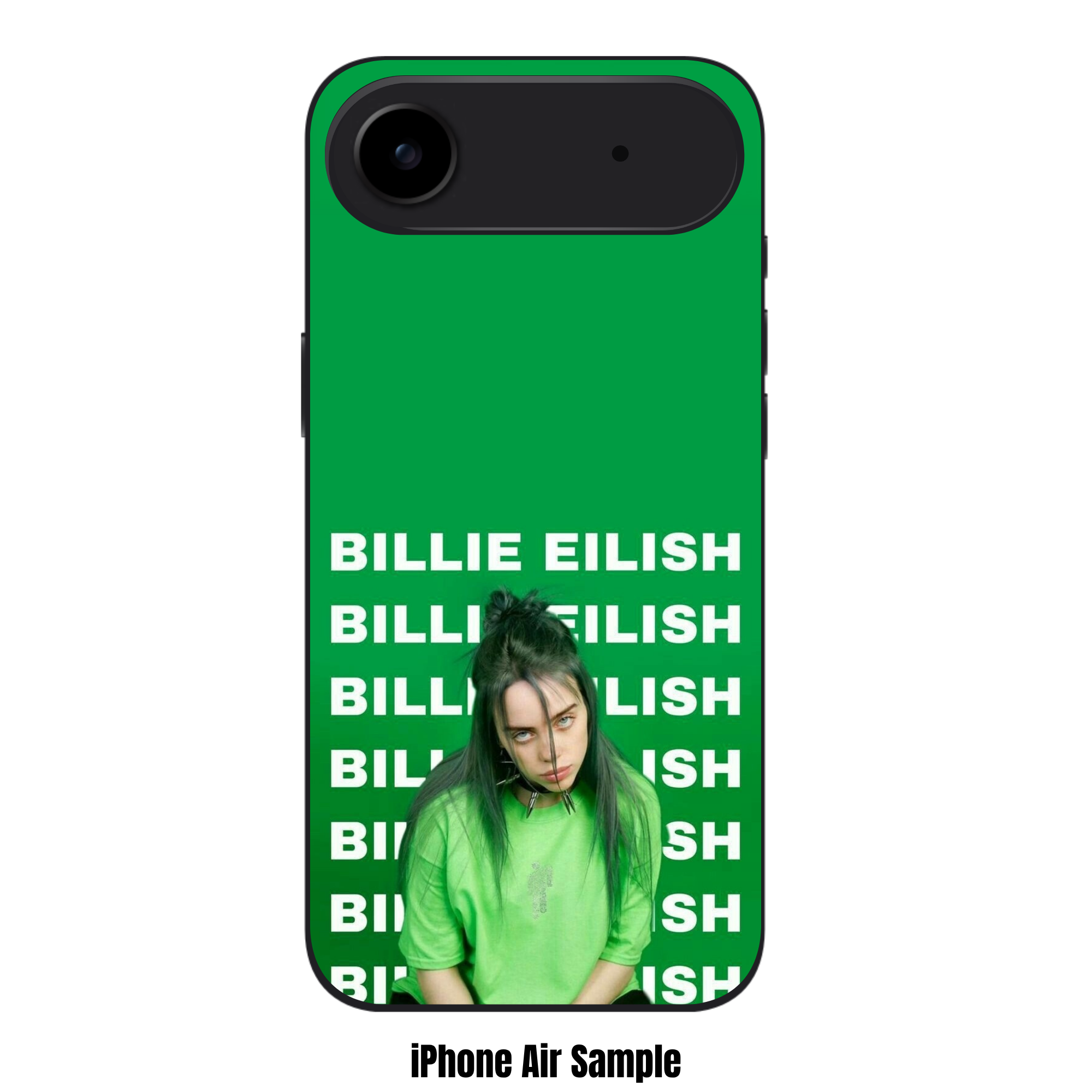 Billie Eilish Phone Case For iPhone Samsung Galaxy Pixel - Billie Eilish Wearing Spiked Choker Collar Below Repeating Typography On Green Background