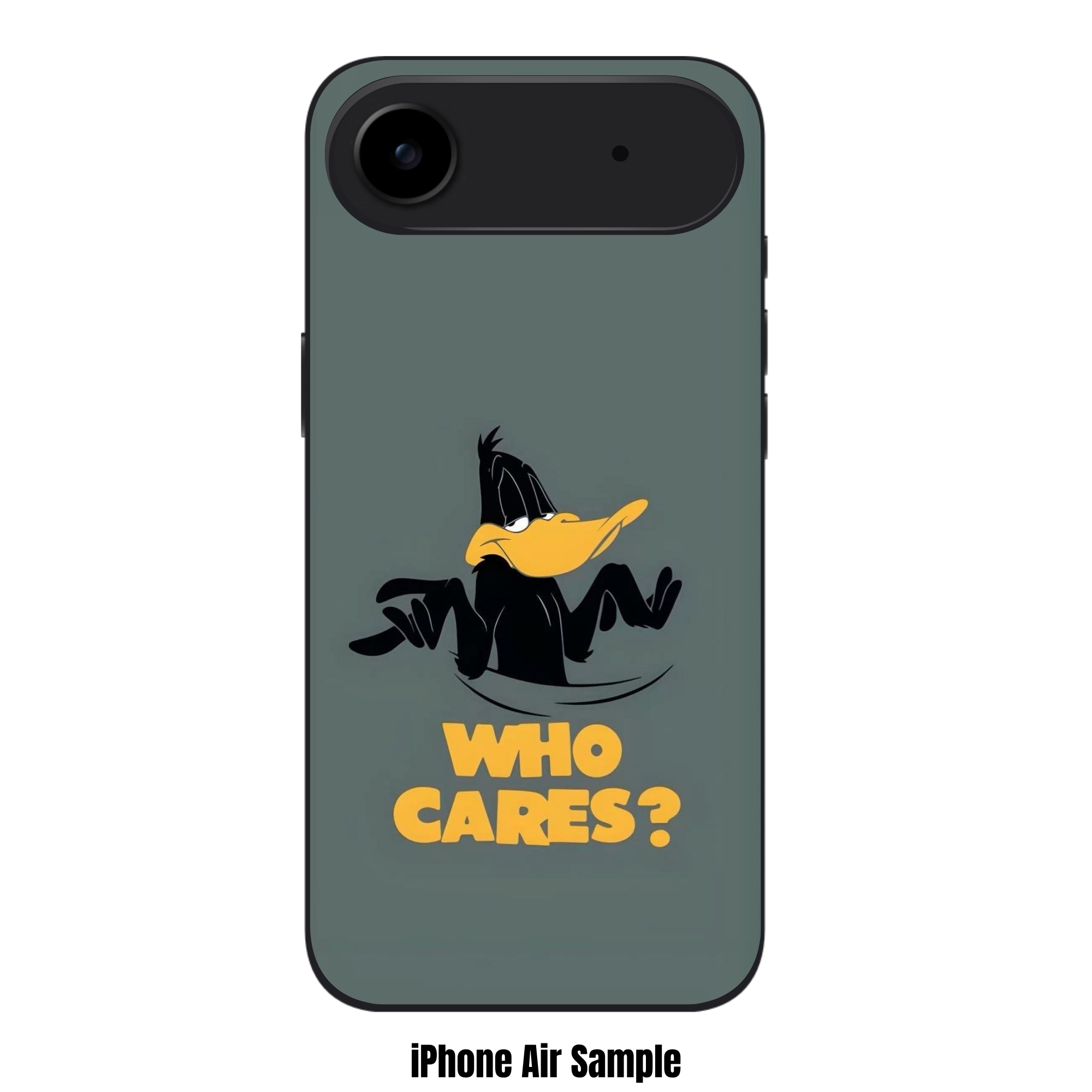 Looney Tunes Daffy Duck Phone Case For iPhone Samsung Galaxy Pixel - Daffy Duck Shrugging With Who Cares Text In Olive Gray Background