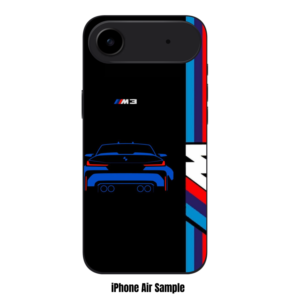 BMW Phone Case For iPhone Samsung Galaxy Pixel - BMW M3 Outlined Car And Vertical M Stripes On Black Background