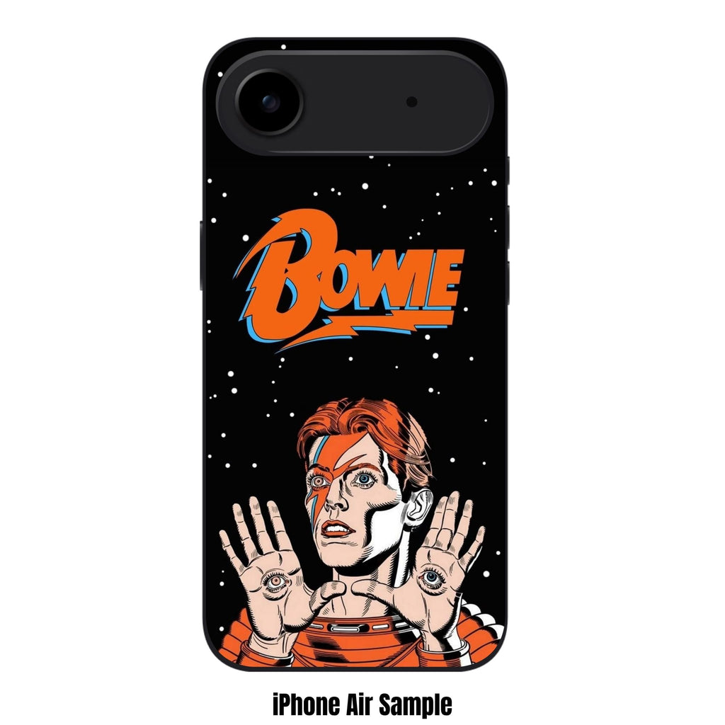David Bowie Phone Case For iPhone Samsung Galaxy Pixel - David Bowie Comic Art Logo And Spaceman Illustration On Starry Black Background