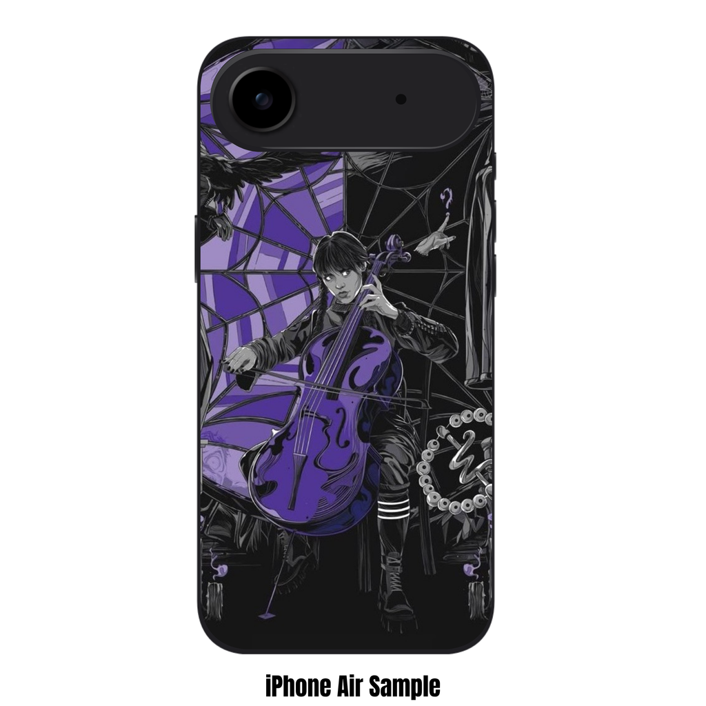 Wednesday Phone Case For iPhone Samsung Galaxy Pixel - Wednesday Addams Playing Purple Cello In Front Of Spiderweb Window Poster