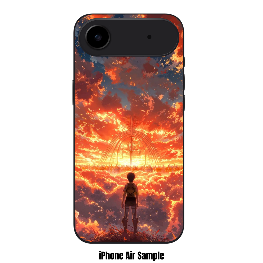 Attack on Titan Eren Phone Case For iPhone Samsung Galaxy Pixel - Eren Yeager Facing Founding Titan Under Orange Sky Background