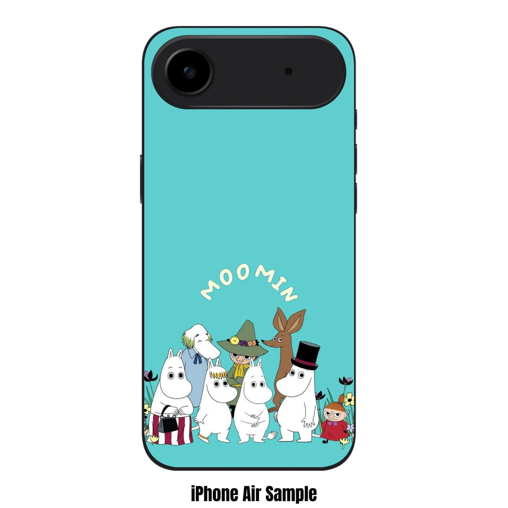 Moomins Phone Case For iPhone Samsung Galaxy Pixel - Moomin Characters In Flower Field Under Logo In Turquoise Background