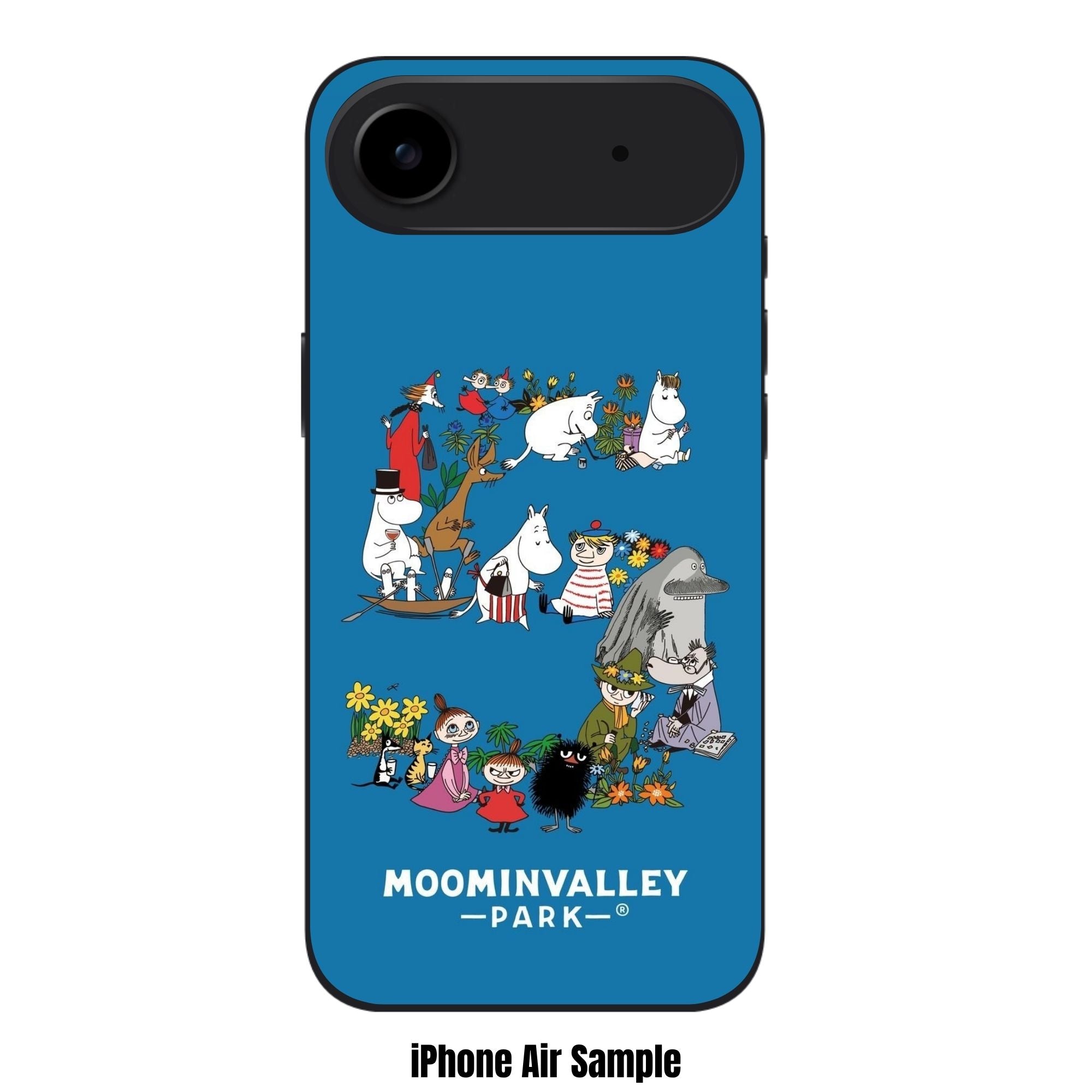 Moomins Phone Case For iPhone Samsung Galaxy Pixel - Moomin Characters In Number Five Shape With Moominvalley Park Logo In Blue Background