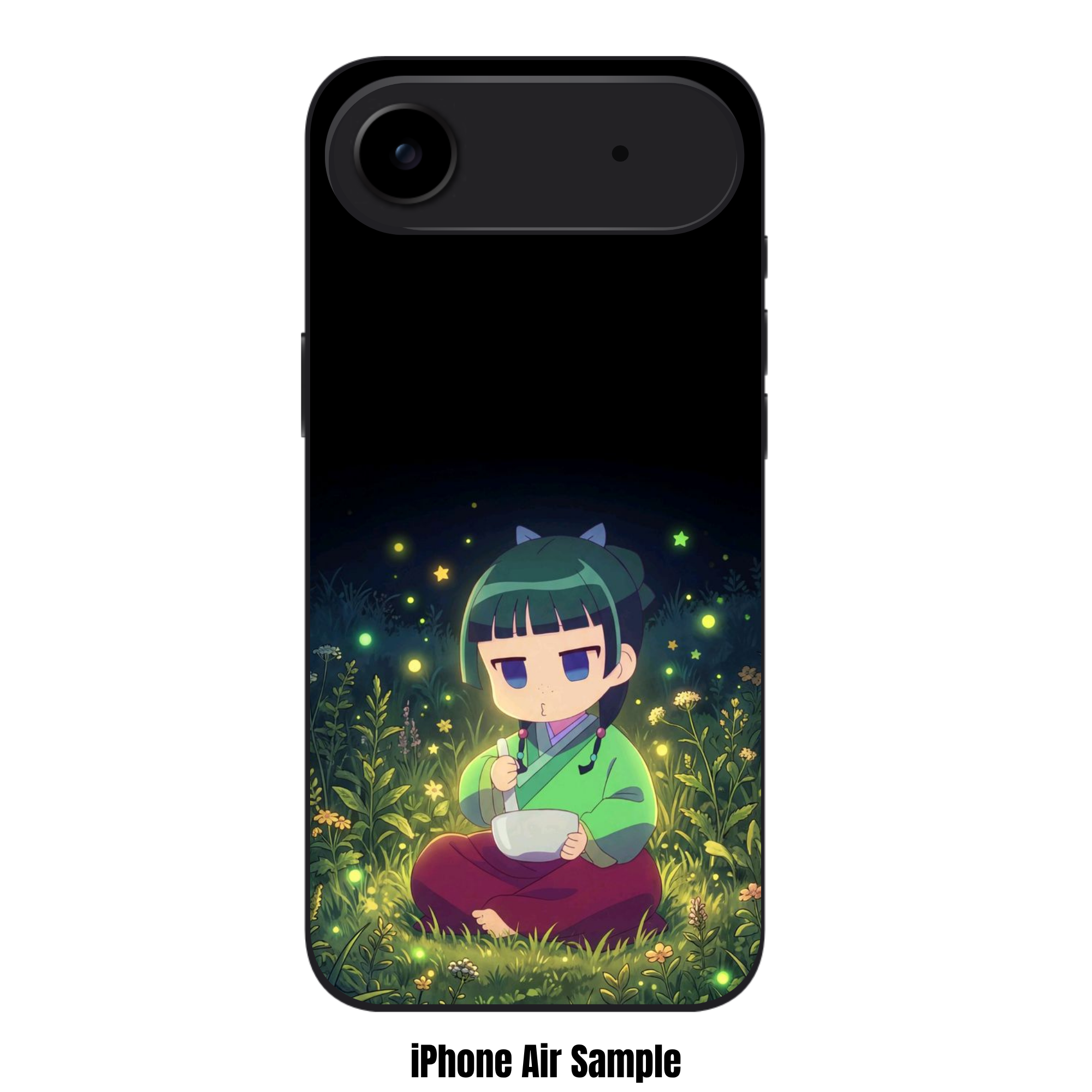 The Apothecary Diaries Maomao Phone Case For iPhone Samsung Galaxy Pixel - Chibi Maomao Sitting In A Grassy Field Surrounded By Fireflies On A Black Night Background