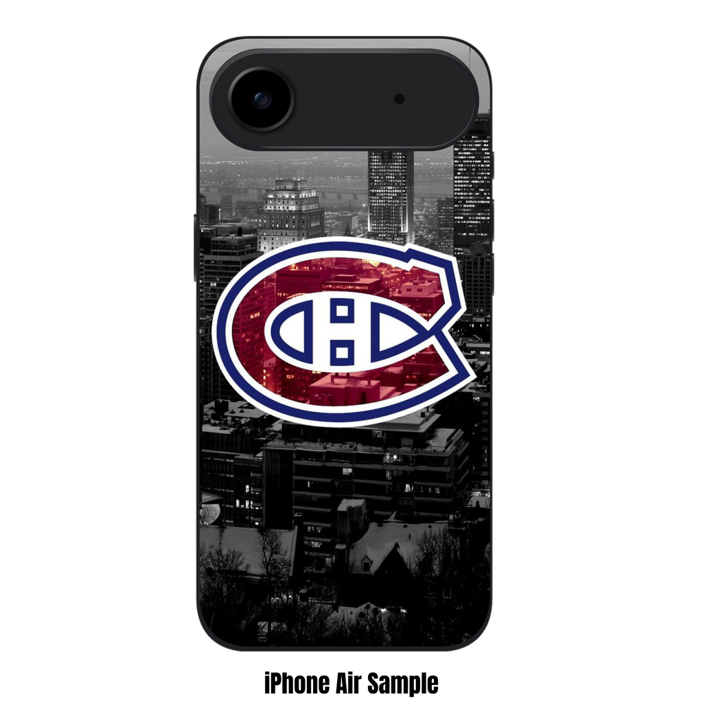 NHL Montreal Canadiens Phone Case For iPhone Samsung Galaxy Pixel - Montreal Canadiens Logo On Black And White City Skyline Background