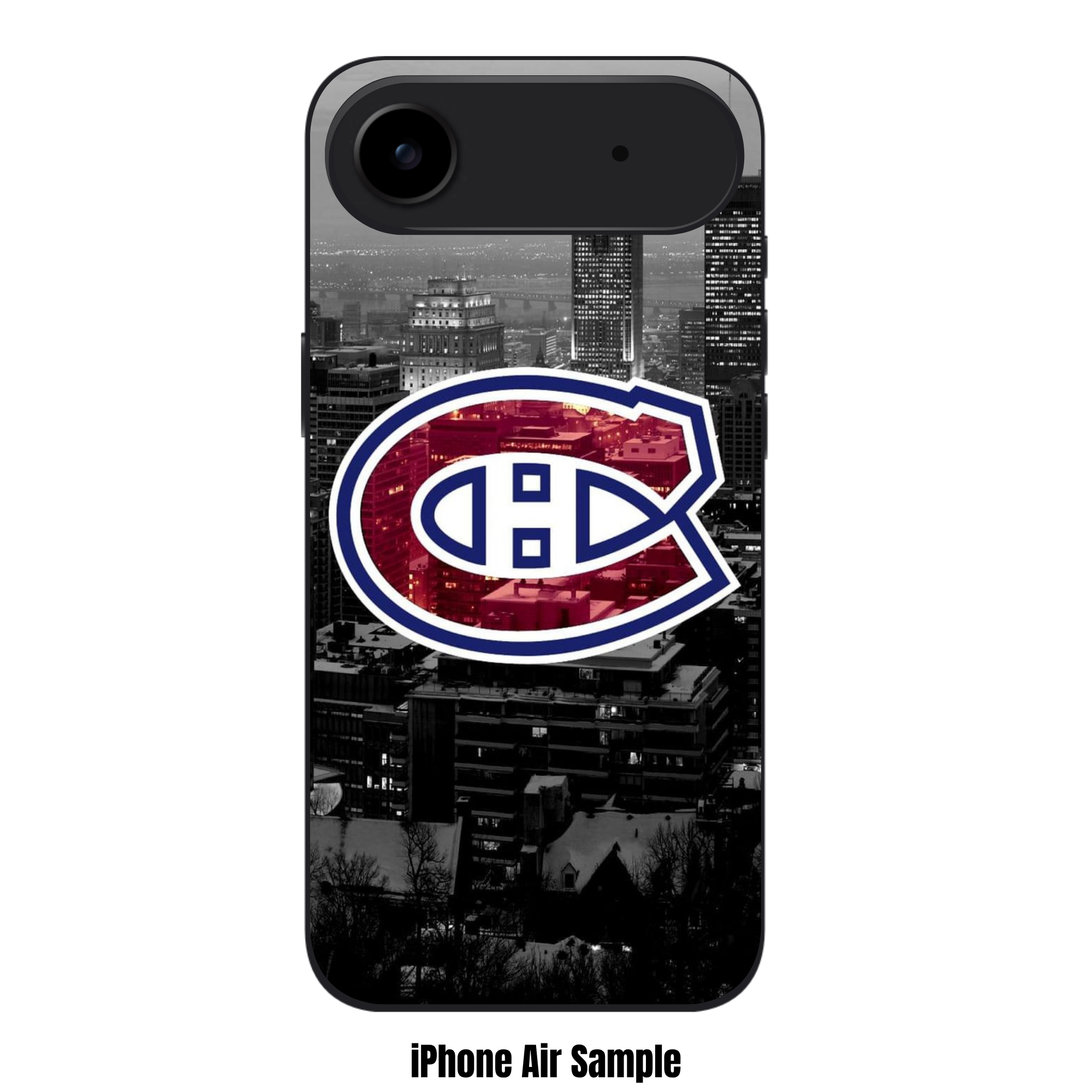 NHL Montreal Canadiens Phone Case For iPhone Samsung Galaxy Pixel - Montreal Canadiens Logo On Black And White City Skyline Background