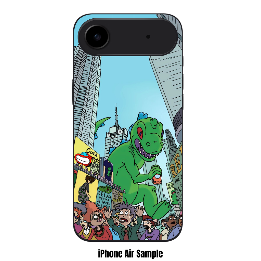 Rugrats Reptar Phone Case For iPhone Samsung Galaxy Pixel - Reptar Towering Over A Crowded City Street Background