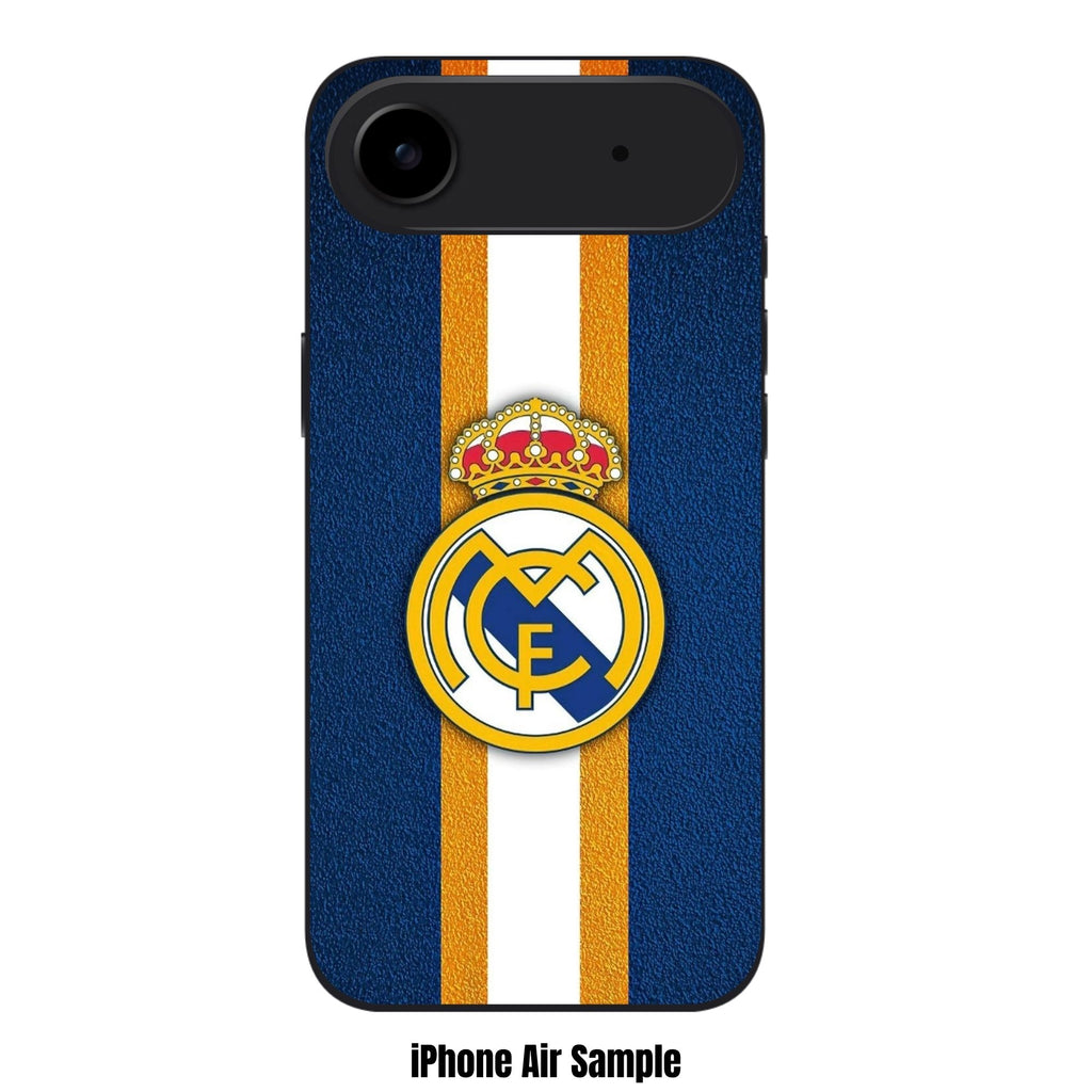 Real Madrid CF Phone Case For iPhone Samsung Galaxy Pixel - Real Madrid CF Logo On Textured Navy Background With Vertical White And Gold Stripes