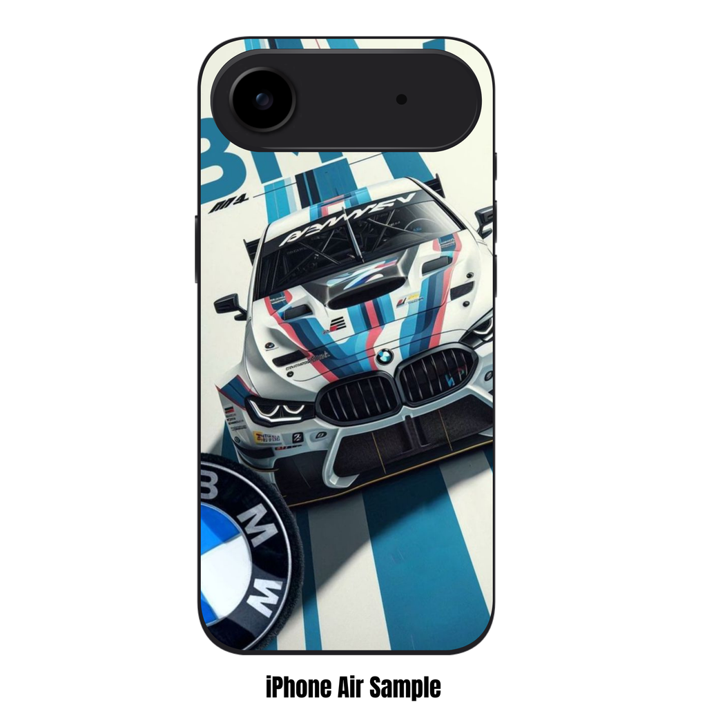 BMW Phone Case For iPhone Samsung Galaxy Pixel - BMW M4 GT3 Car And Logo On Blue And White Stripes Background