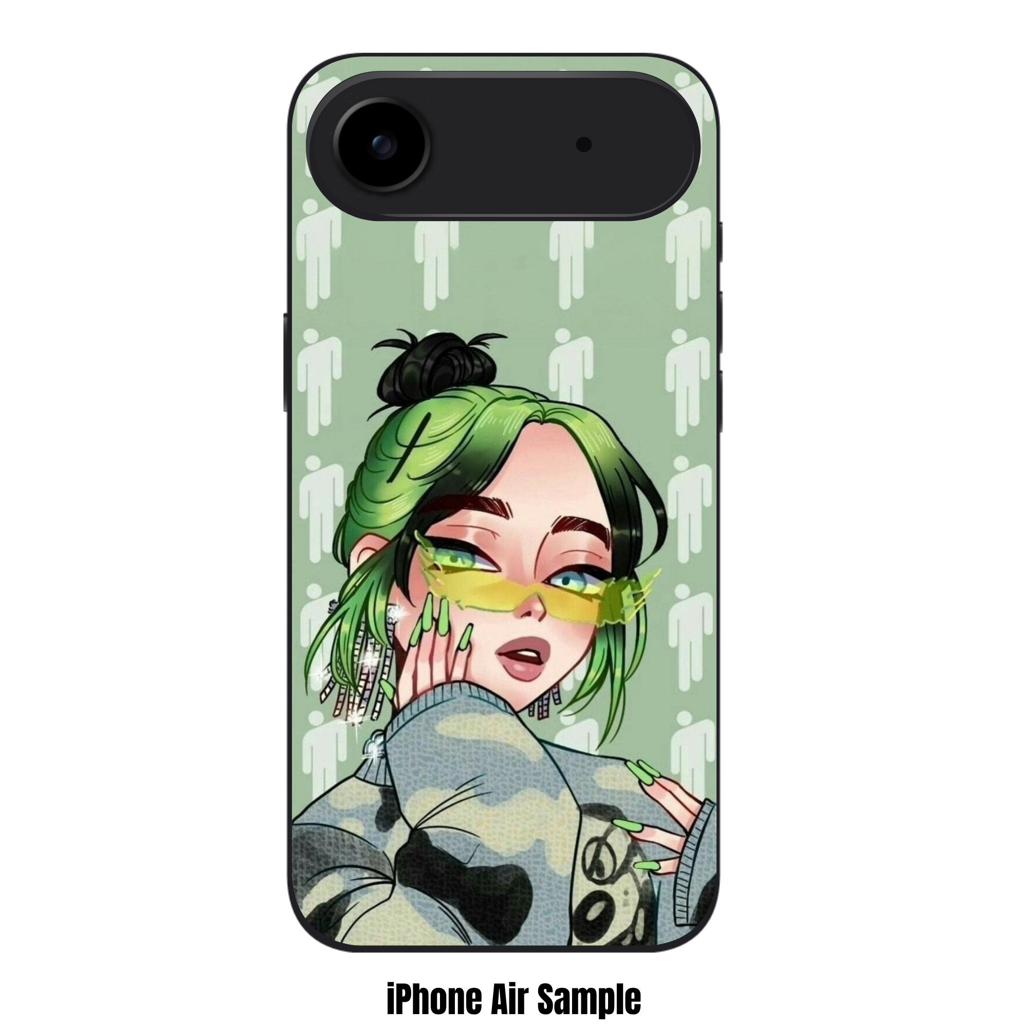 Billie Eilish Phone Case For iPhone Samsung Galaxy Pixel - Billie Eilish Anime Illustration With Blohsh Logo Pattern On Sage Green Background