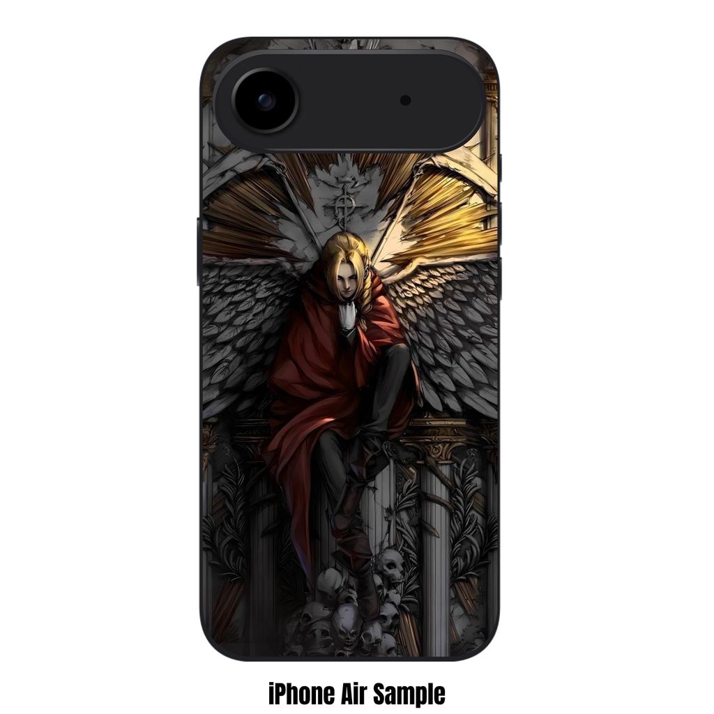Fullmetal Alchemist Edward Phone Case For iPhone Samsung Galaxy Pixel - Edward Elric Sitting On Throne Of Skulls With Large Wings On Stone Background
