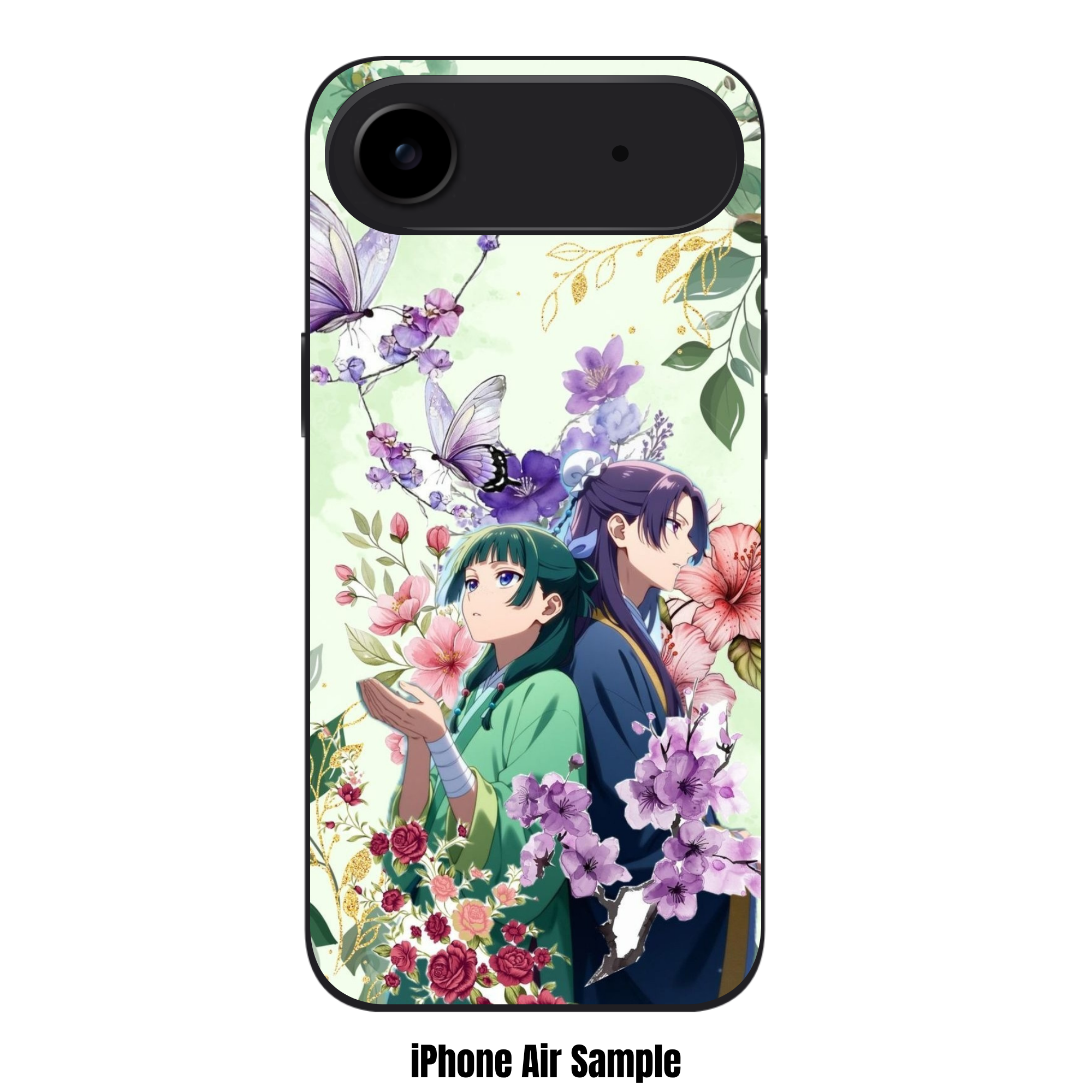 The Apothecary Diaries Phone Case For iPhone Samsung Galaxy Pixel - Maomao And Jinshi Back To Back Surrounded By Butterflies And Various Flowers On Light Green Background