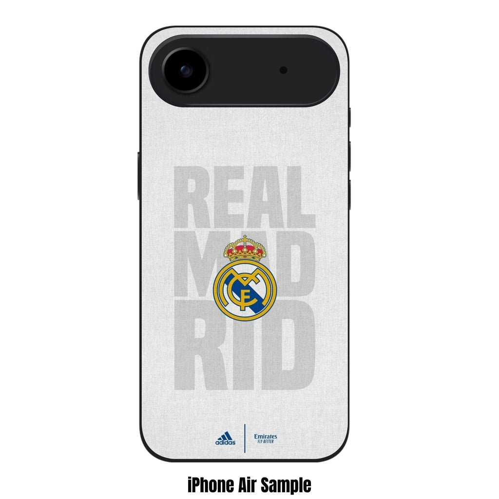 Real Madrid CF Phone Case For iPhone Samsung Galaxy Pixel - Real Madrid CF Crest On Light Gray Textured Fabric Background With Large Faded Typographic Text