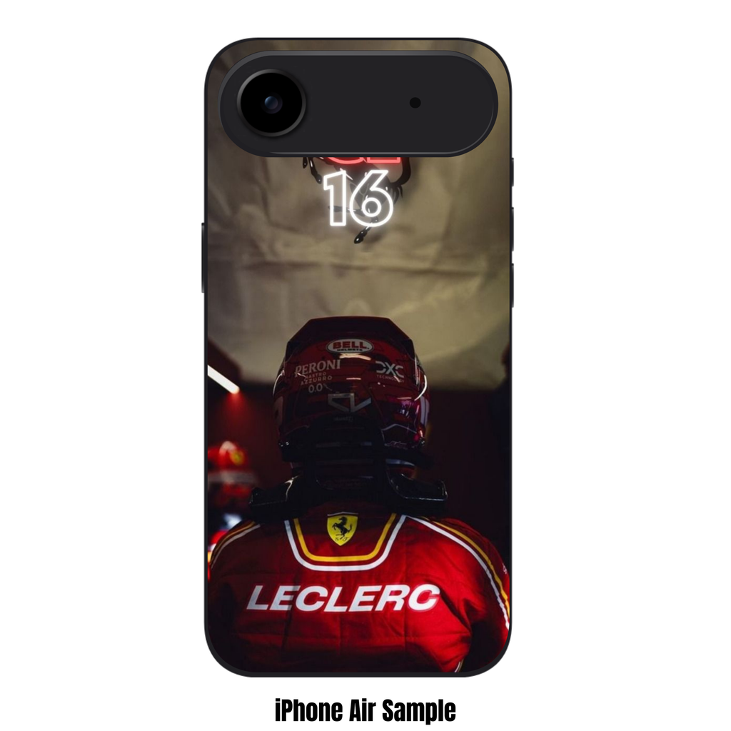 F1 Formula 1 Charles Leclerc Phone Case For iPhone Samsung Galaxy Pixel - Charles Leclerc Back Portrait And Neon CL16 Logo On Dark Ferrari Background
