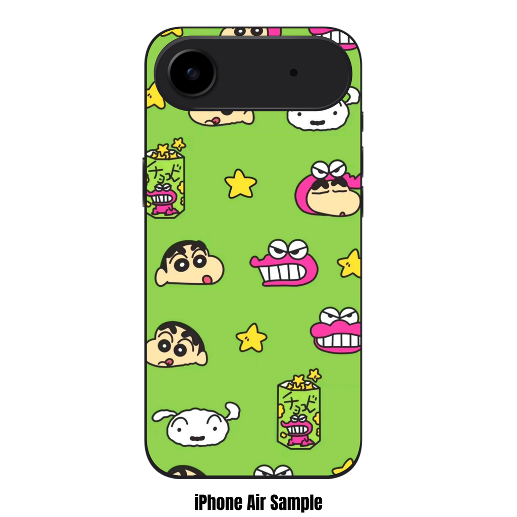 Crayon Shin Chan Phone Case For iPhone Samsung Galaxy Pixel - Crayon Shin Chan Faces And Chocobi Snacks Pattern On Lime Green Background