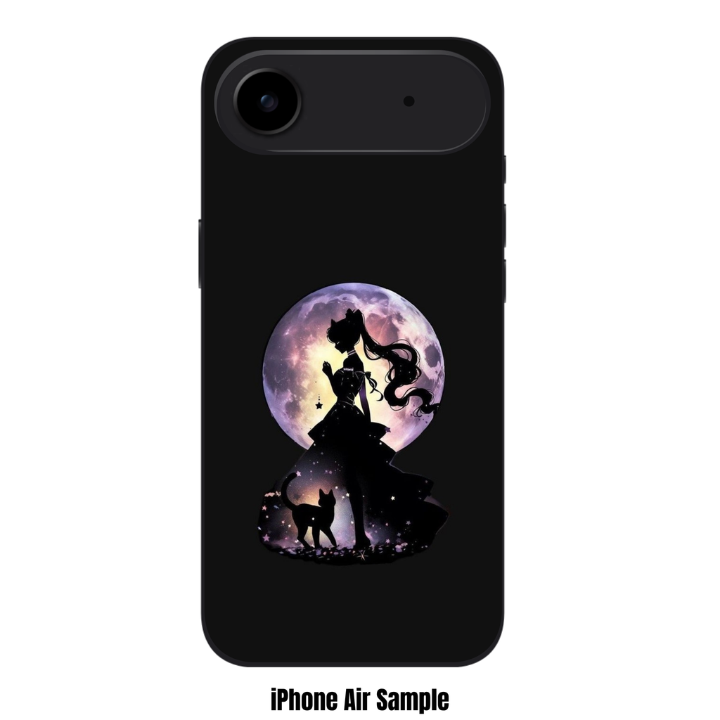 Sailor Moon Phone Case For iPhone Samsung Galaxy Pixel - Sailor Moon Silhouette With Luna And Purple Moon On Black Background