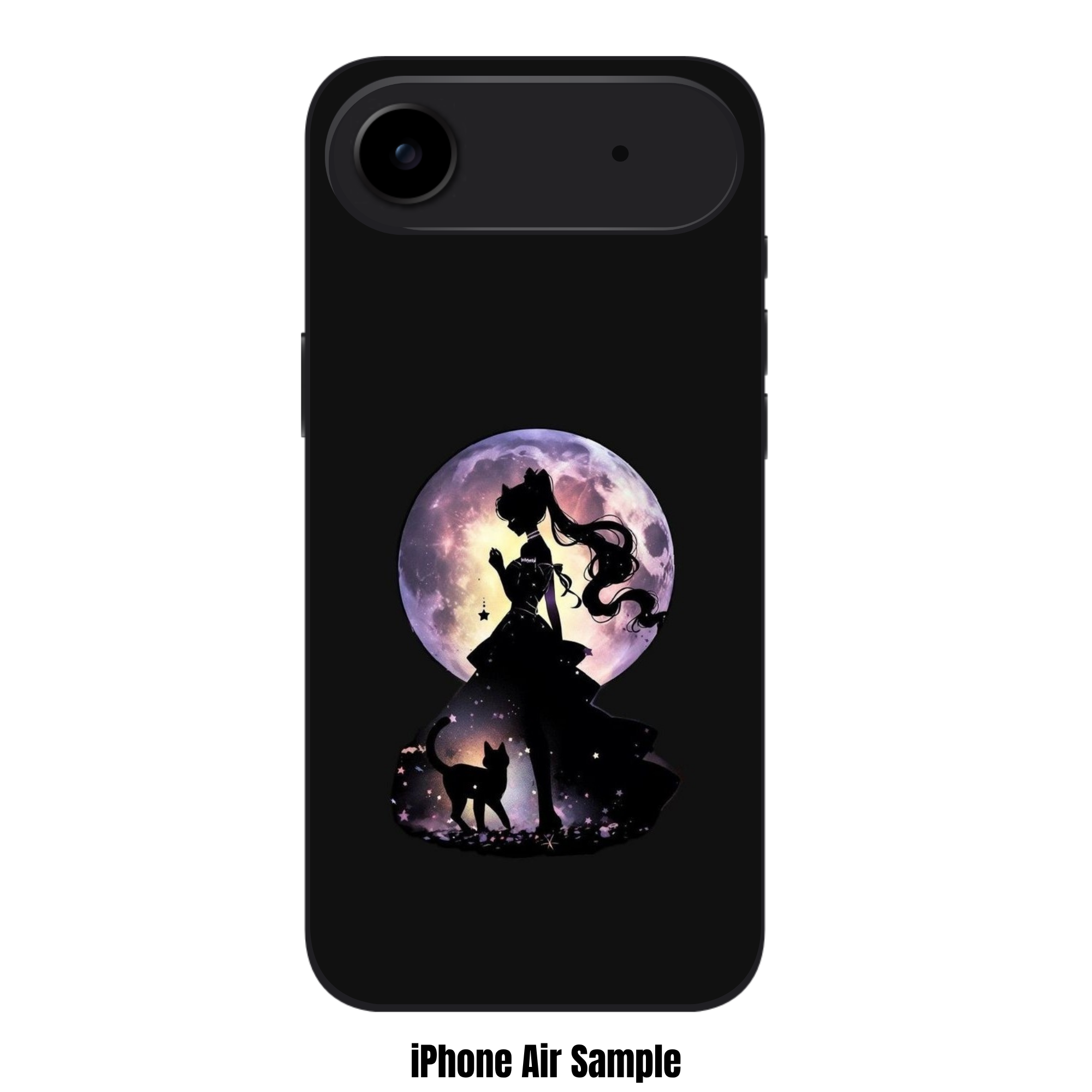 Sailor Moon Phone Case For iPhone Samsung Galaxy Pixel - Sailor Moon Silhouette With Luna And Purple Moon On Black Background
