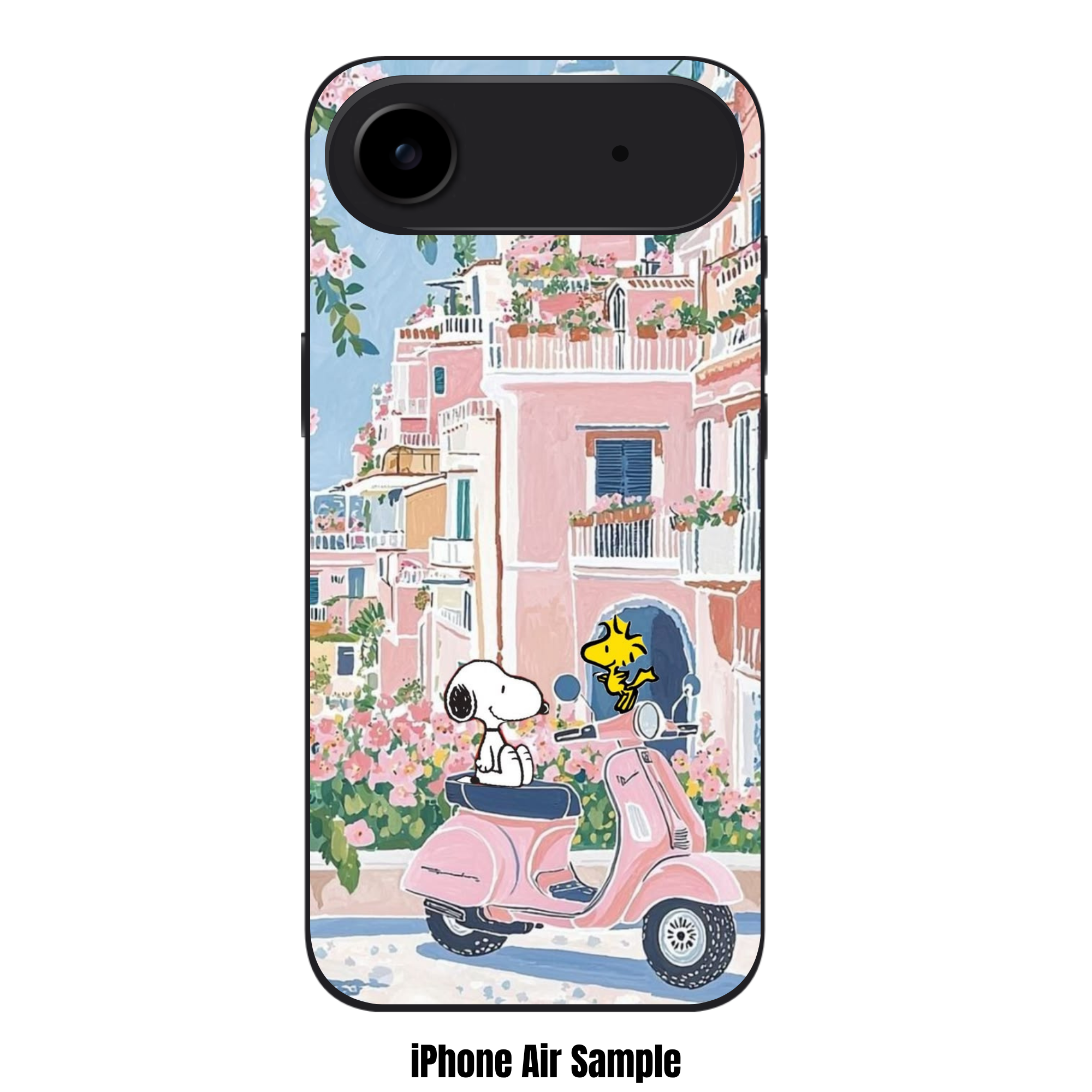 Peanuts Snoopy Phone Case For iPhone Samsung Galaxy Pixel - Peanuts Snoopy And Woodstock On A Pink Scooter With Amalfi Coast Background