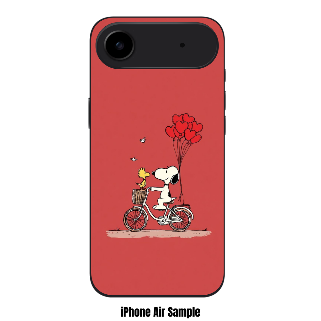 Peanuts Snoopy Phone Case For iPhone Samsung Galaxy Pixel - Peanuts Snoopy And Woodstock On A Bicycle With Heart Balloons On Red Background